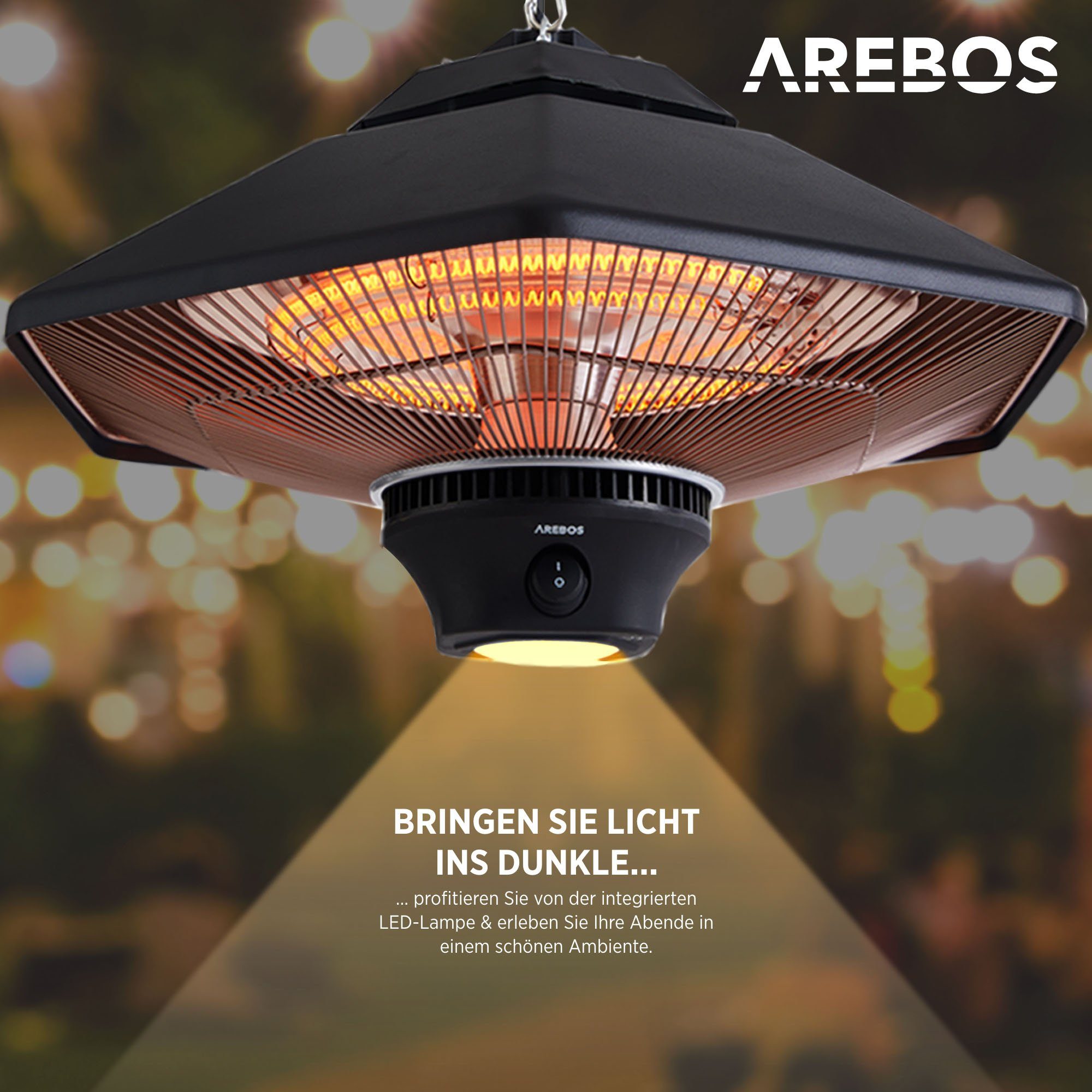 Arebos Terrassenstrahler Deckenheizstrahler Fernbedienung, W Heizstufen, + zuschaltbare 3 2000 Beleuchtung, LED 2 Halogenlampen