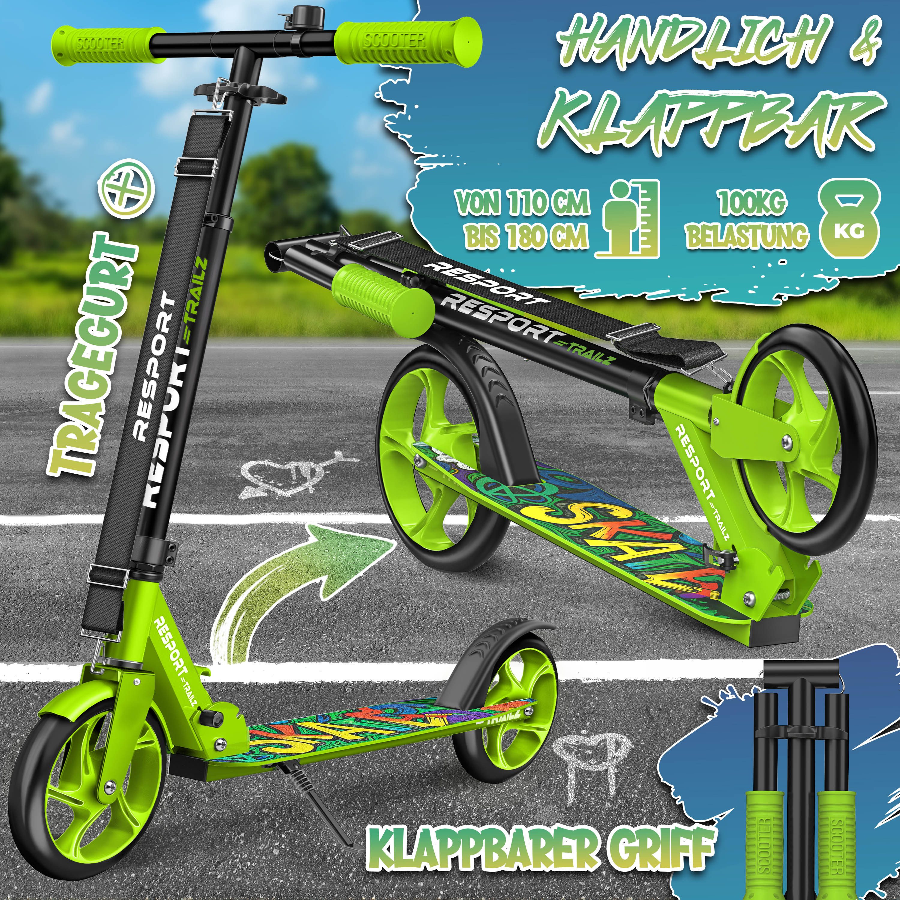 RE:SPORT Cityroller RE:SPORT® Trailz Cityroller Scooter inkl. Tragegurt und Klingel 200mm, (Scooter höhenverstellbar & klappbar, Kinderroller große Räder Kicksc – Bild 2 von 5