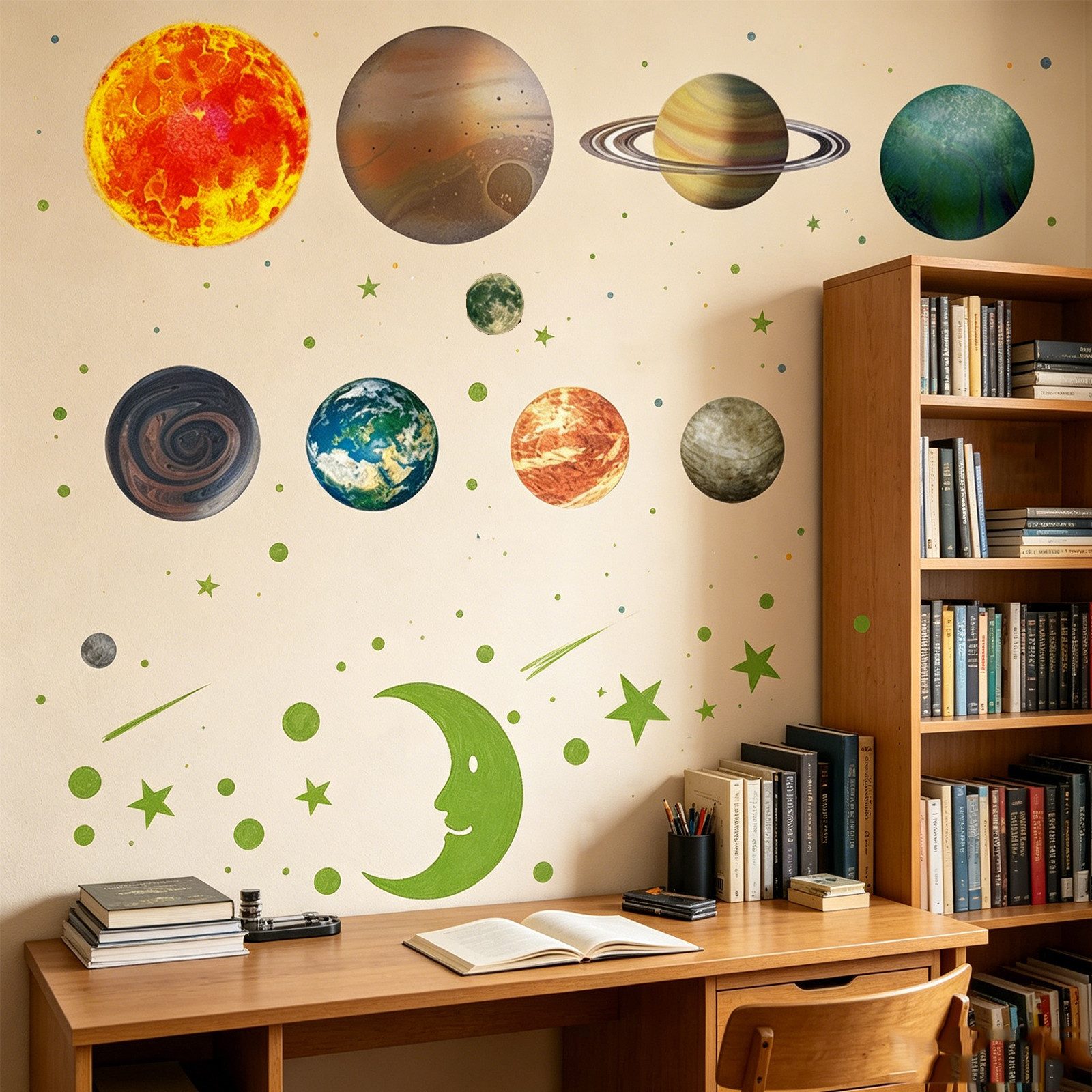 MOPUEA Wandtattoo 10 Planeten Wandtattoo Leuchtsterne Kinder inkl 3 Bögen Sterne (Leuchtende Wandsticker Sterne Planeten Kinder Zimmer Deko, Kinder Raum Dekoration Sterne Planeten Leucht Sticker Lernset), Leuchtend selbstklebend wasserfest kinderfreundlich dekorativ