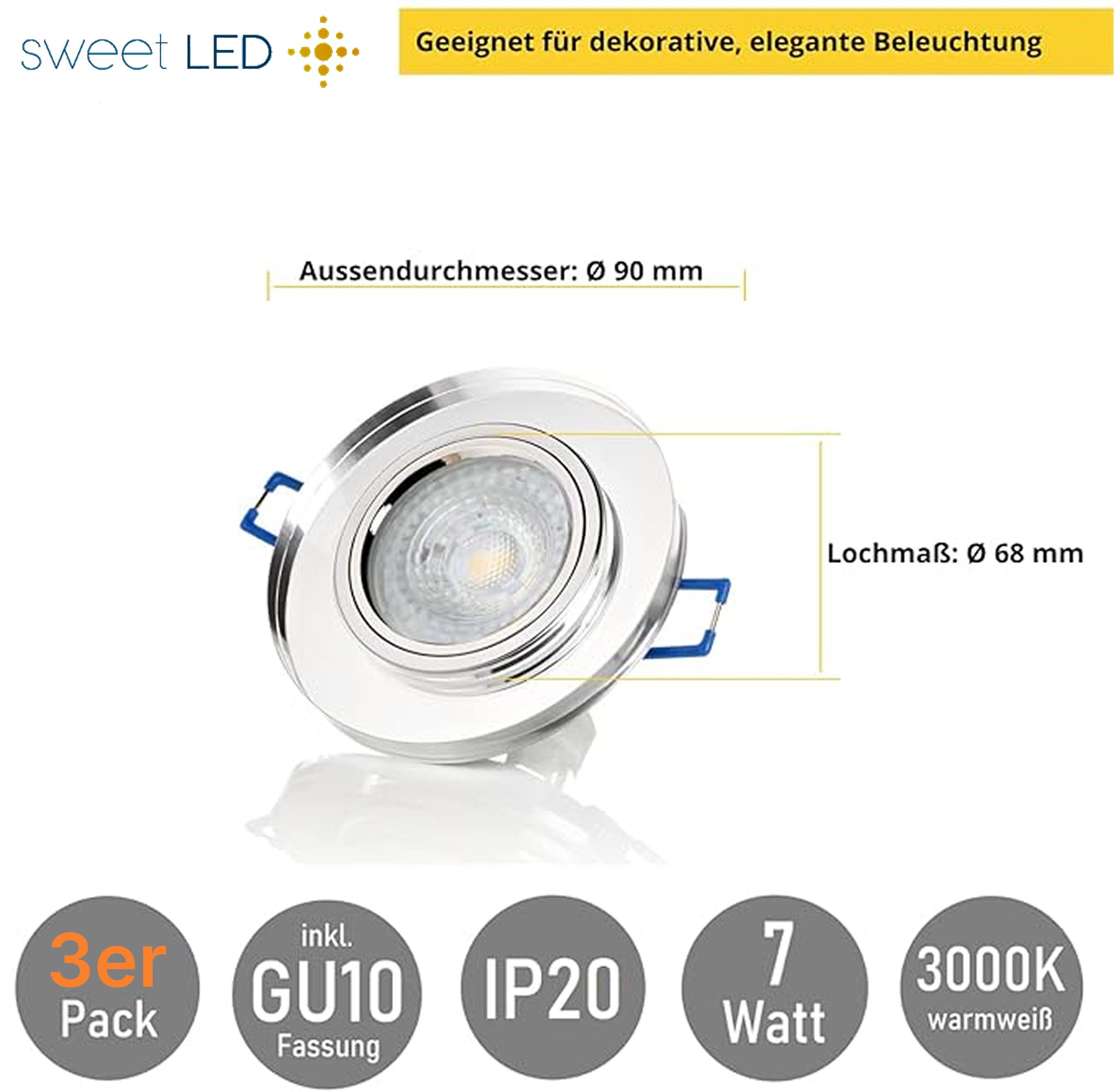 Sweet LED LED Einbaustrahler 3er SET Glas GU10 7W 230V 3000K 530lm LED Deckenspots Transparent Rund, 3000K, Warmweiß, Deckenspots, Ø 90 mm, Einbauleuchten