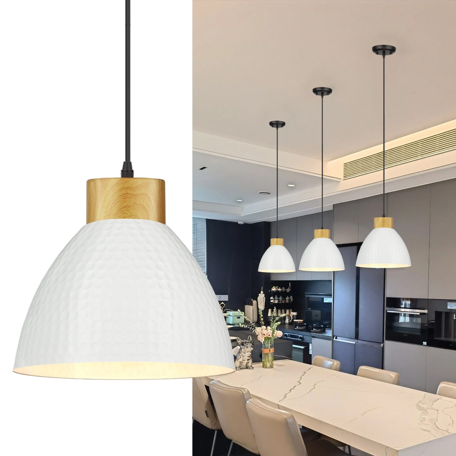 POPOLIC Pendelleuchte Deckenlampe Deckenleuchte höhenverstellbar bis 165cm, dimmbar, Holzoptik, inkl. Montagezubehör, für Wohnzimmer, Schlafzimmer, Flur