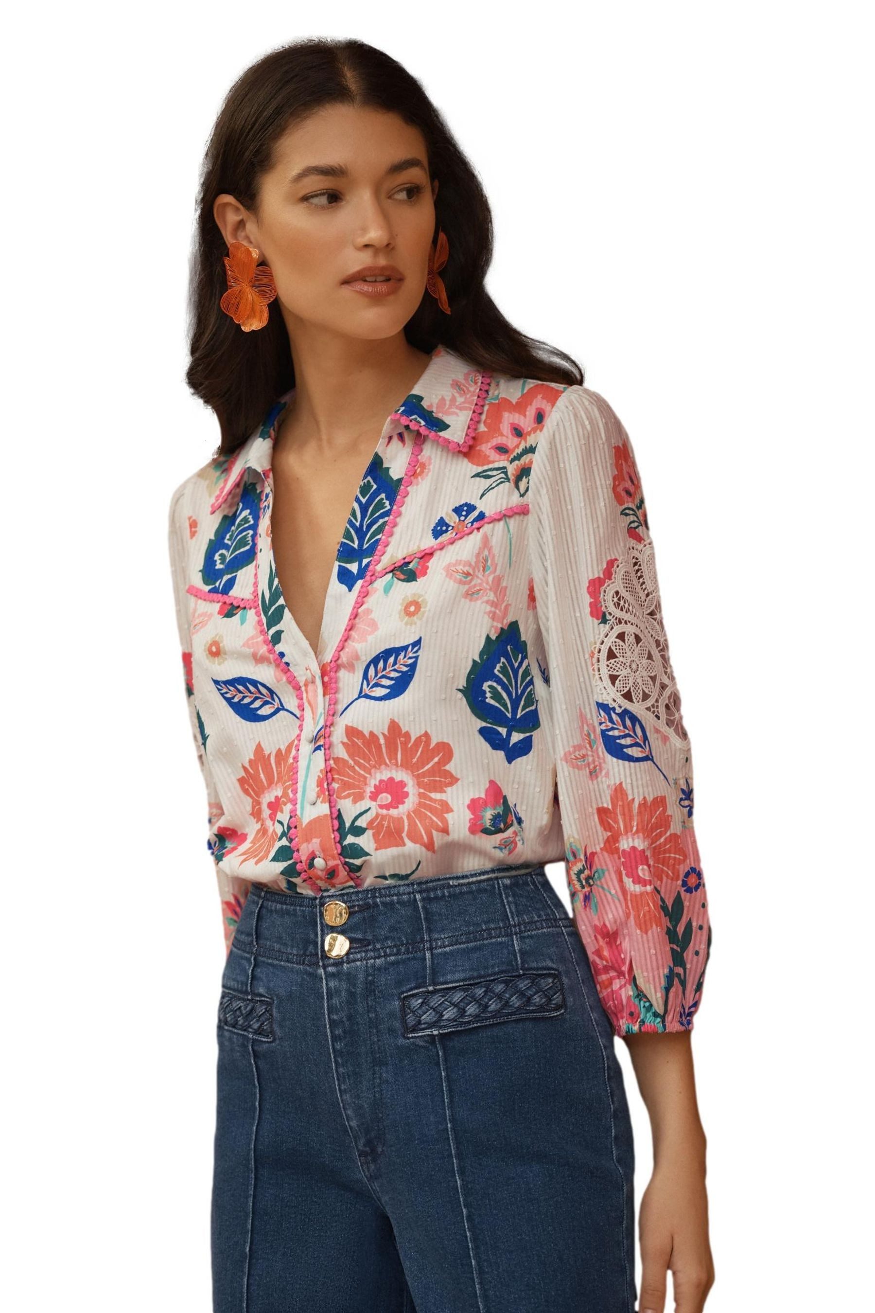 Spitzenbluse Love & Roses Bluse mit Print und Spitze, Kurzgröße