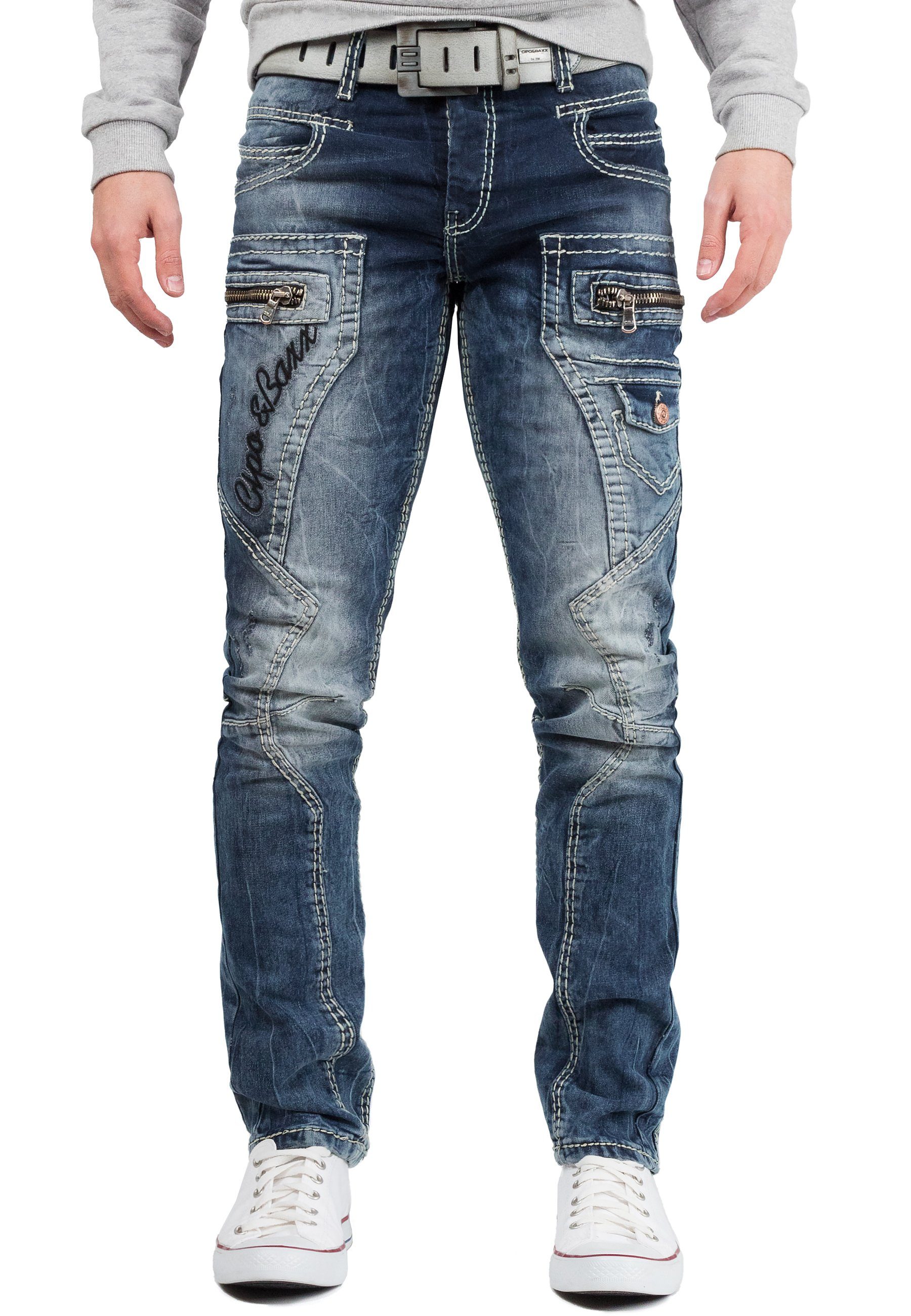 blau Schriftzügen Orange Jeans Hose mit mit 5-Pocket-Jeans Cipo BA-CD296 in & Seitentaschen Baxx zusätlich und