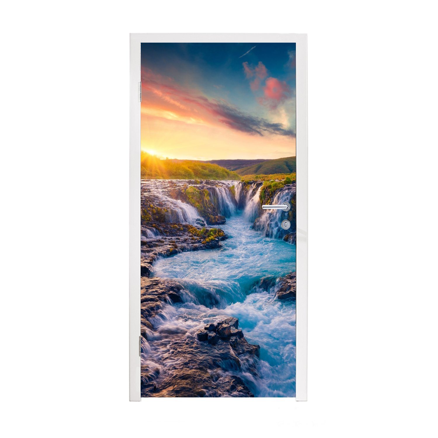 MuchoWow Türtapete Wasserfall - Pflanzen - Moos - Landschaft - Sonnenuntergang - Fels, Matt, bedruckt, (1 St), Fototapete für Tür, Türaufkleber, 75x205 cm