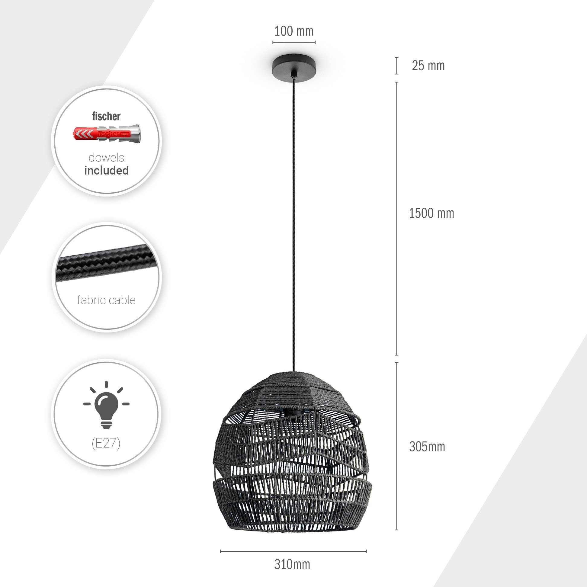 Hängeleuchte Home E27 Papier Rustikal Paco Pendelleuchte LED Leuchtmittel, ohne Vintage Pendelleuchte Boho VILLA,