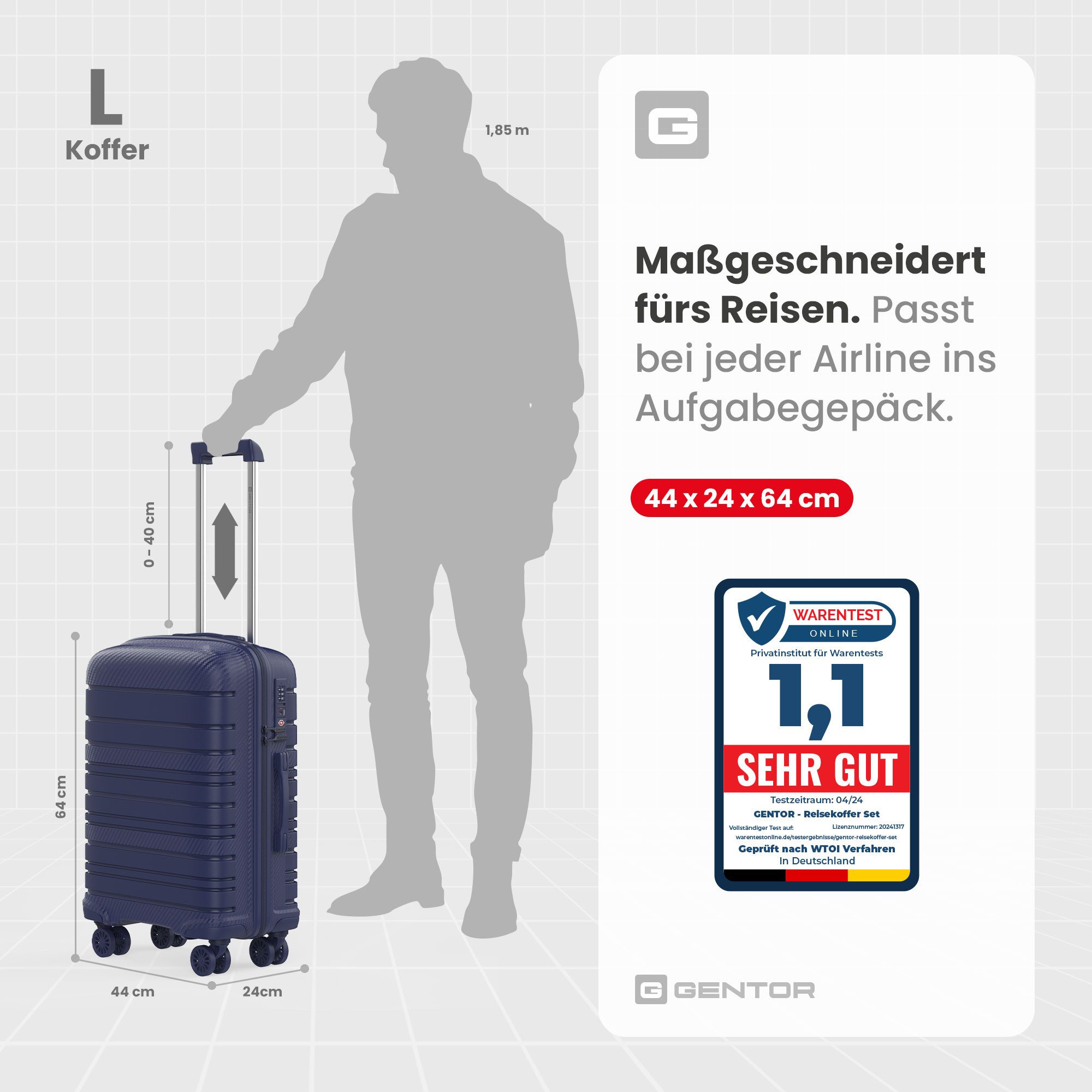 GENTOR Hartschalen-Trolley Koffer Reisekoffer Hartschalenkoffer Trolley Rollkoffer Handgepäck, 4 Rollen, PP Harteschalenkoffer & Reisekoffer