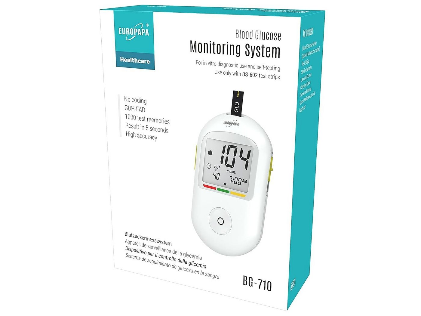 EUROPAPA Blutzuckermessgerät Blutzuckermessgerät für Blutzuckers Selbstkontrolle, 50 Stk Blutzuckerteststreifen und 50 Stk Blutlanzetten und Stechhilfe, Blutzuckermesssystem Diabetes-Set mg/dL