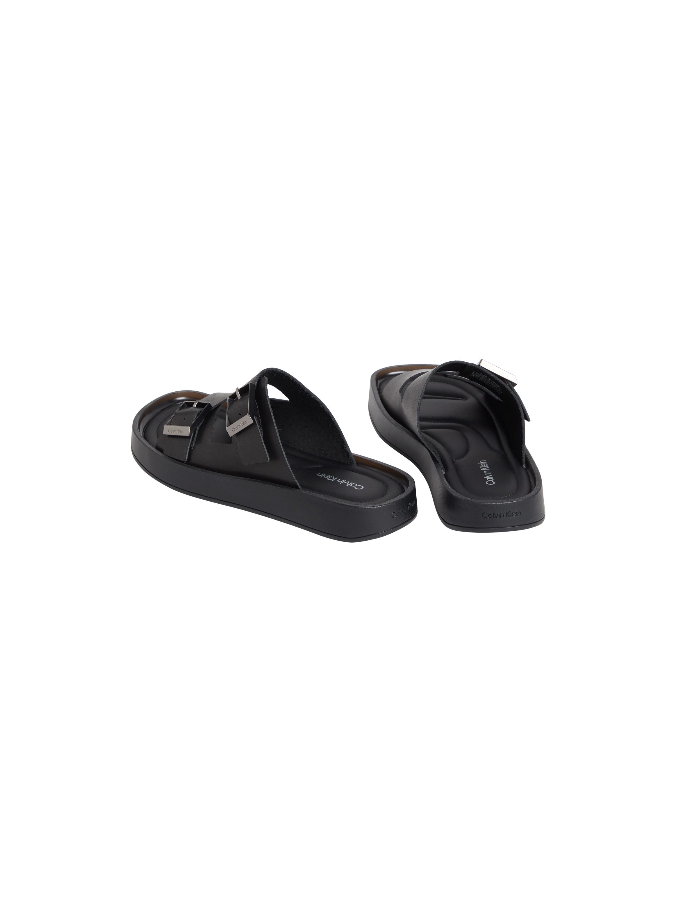 Calvin Klein ERGON DOUBLE BAR SANDAL LTH Pantolette Strandschuh, Sommerschuh, unifarbener Flat mit Logoschriftzug