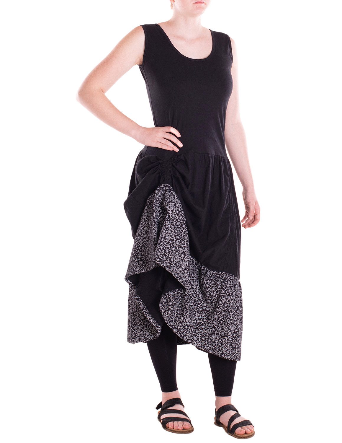 Vishes Jerseykleid Langes handbedrucktes verstellbares Lagenlook Baumwollkleid Alternative Bekleidung, Ethno, Hippie, Retro Style