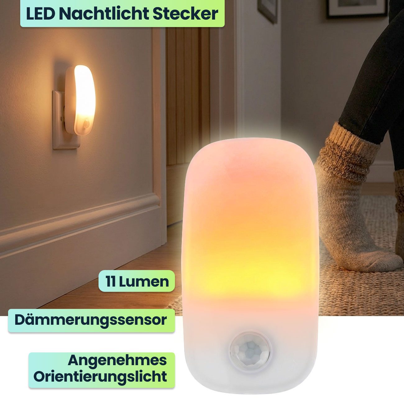shop'n smile ideoon LED Steckdosenleuchte LED Nachtlicht Stecker mit Bewegungsmelder & Dämmerungssensor, 11 Lm Warmweiss, für Flur, Treppe & Kinderzimmer