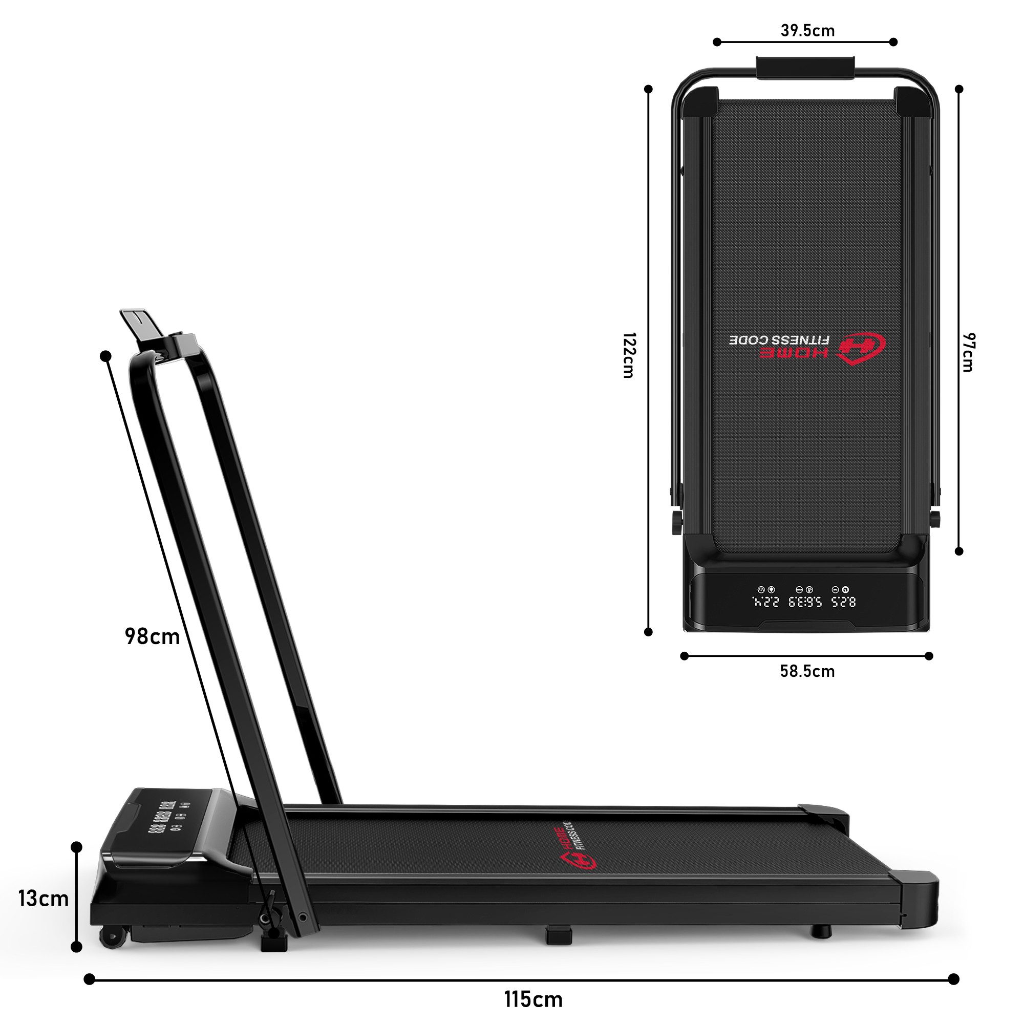 HOMEFITNESSCODE Laufband Klappbares Laufbänder – 2-in-1-Elektrolaufband (mit Armlehnen und LED-Display – Bis 120 kg), Laufband 1–10 km/h einstellbar – Bürstenloser Motor 2,5 PS