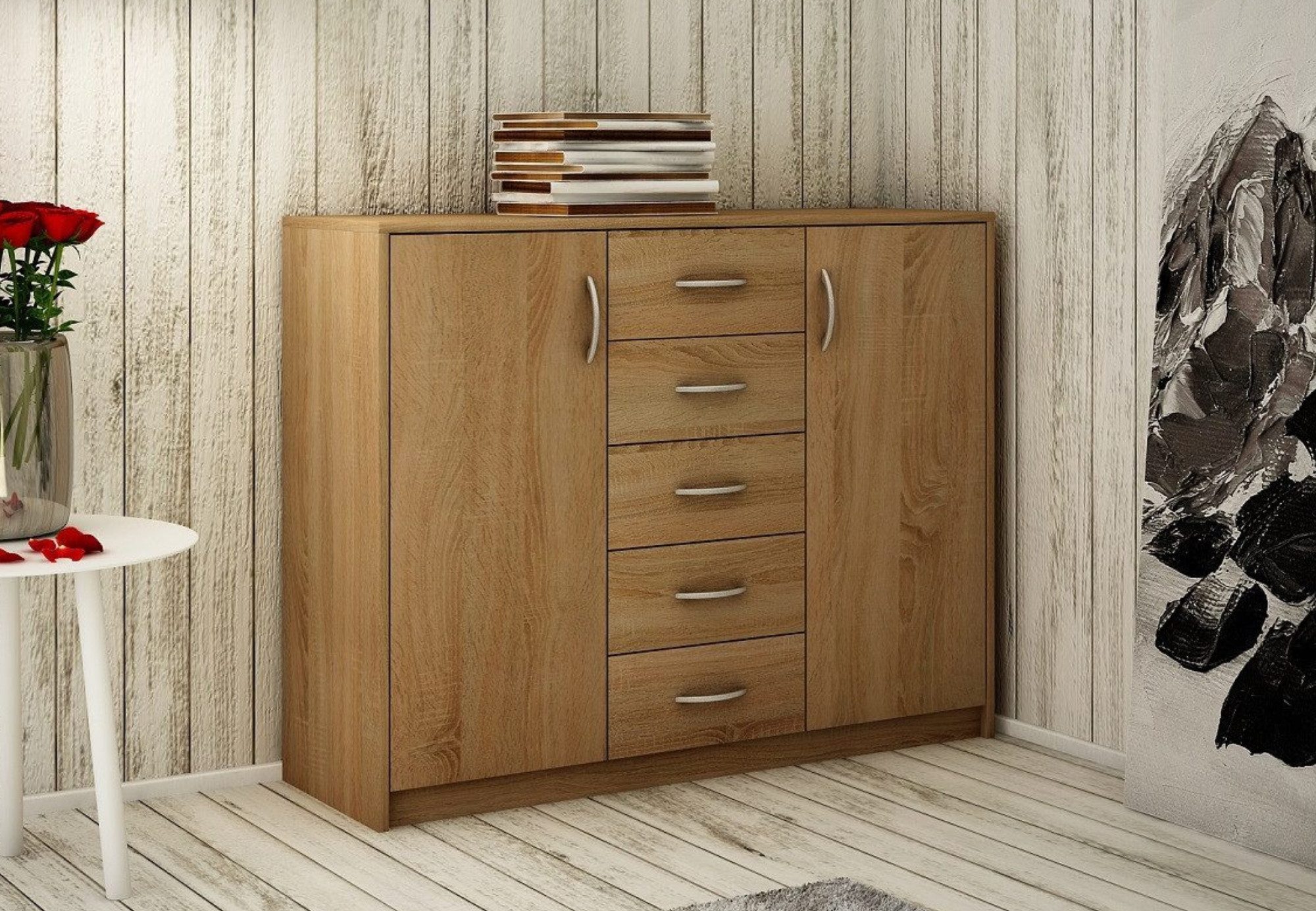 Home Collective Kommode mit 5 Schubladen und 2 Türen in matter Ausführung, Kommode 110cm breit (mit hochwertigen Polymergriffen, aus laminierter Platte gefertigt, Metallrollen mit Auszugsstopp), Holz Schrank Sideboard Highboard Kommode mit Schubladen sonoma