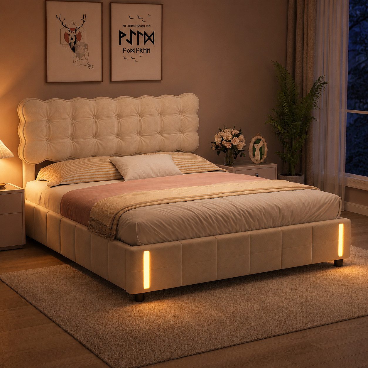 Simurq Polsterbett Polsterbett 160x200 cm mit LED und Wellen-Kopfteil, Beige, LED, Bettkasten mit Gaslift, Wellen-Kopfteil