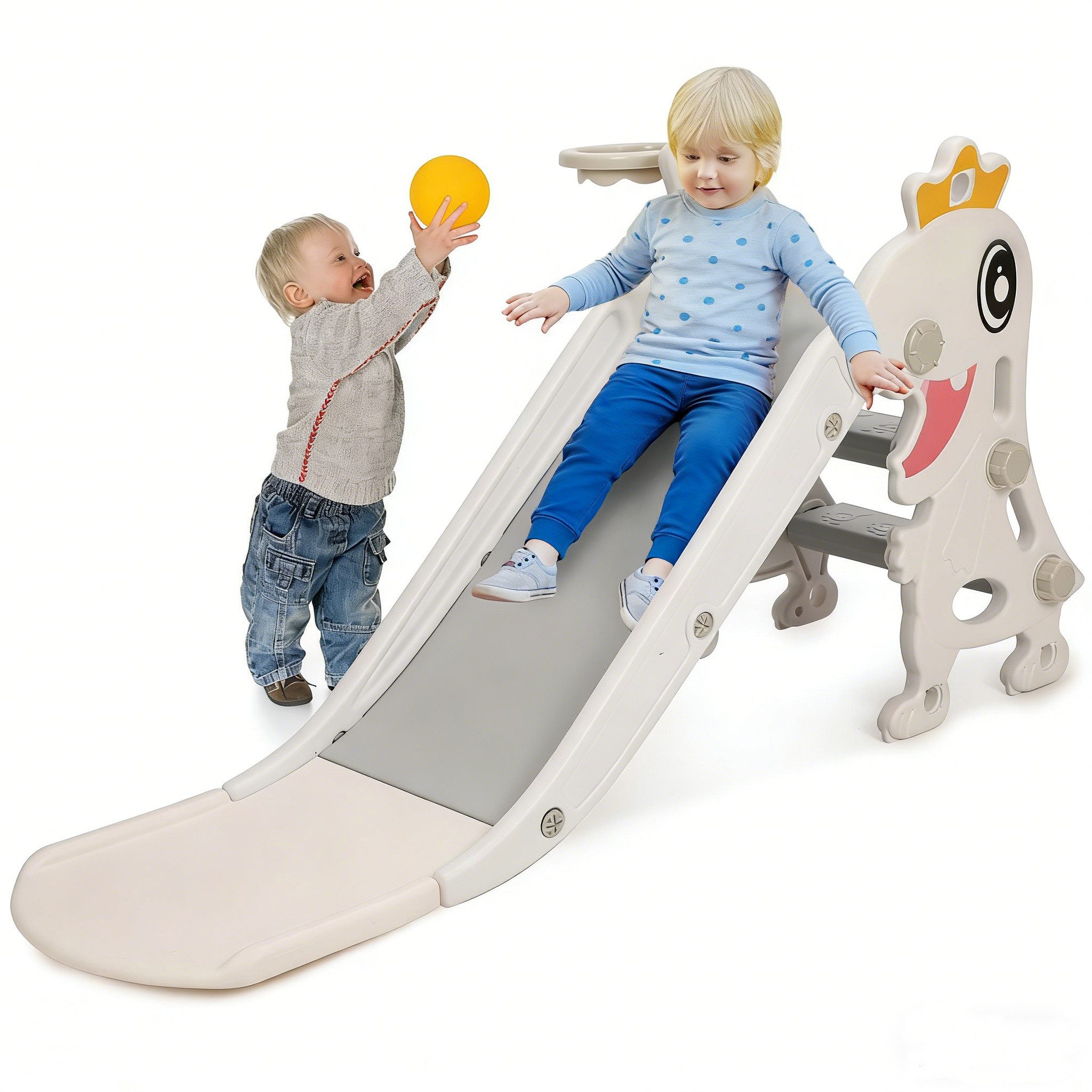 GARRYFIZH Rutsche 3-in-1 Kinderrutsche klappbar mit Basketballkorb, Blau/Grau, ab 3 J., Klappbar & Kompakt, Indoor & Outdoor, Stabil & Sicher