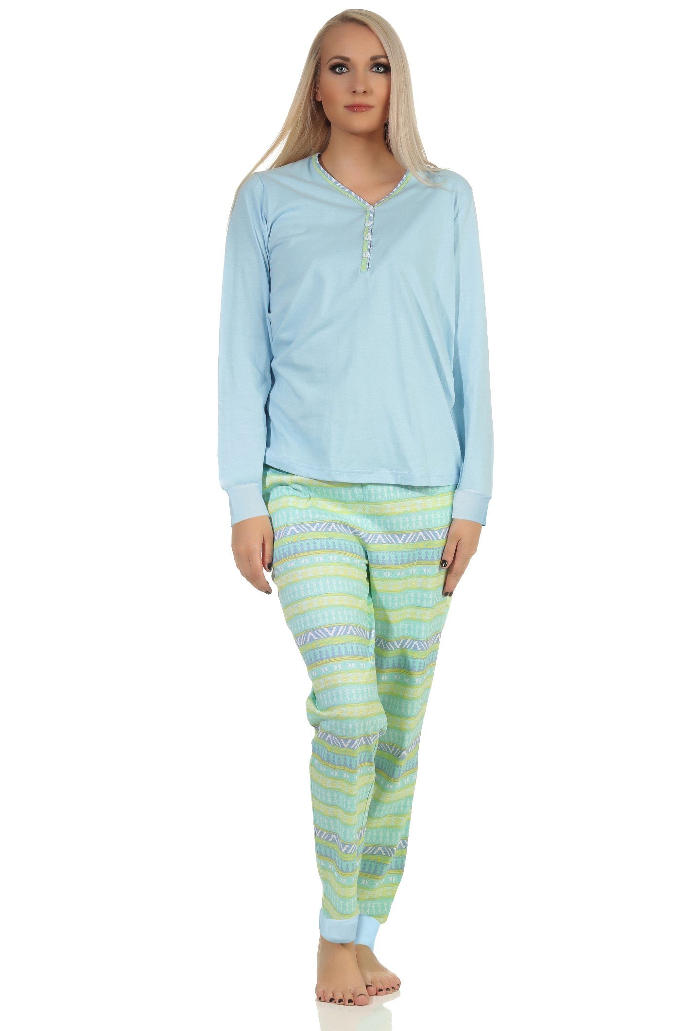 Normann Pyjama Damen Schlafanzug Bündchen Ethnolook Pyjama im mit hellblau langarm