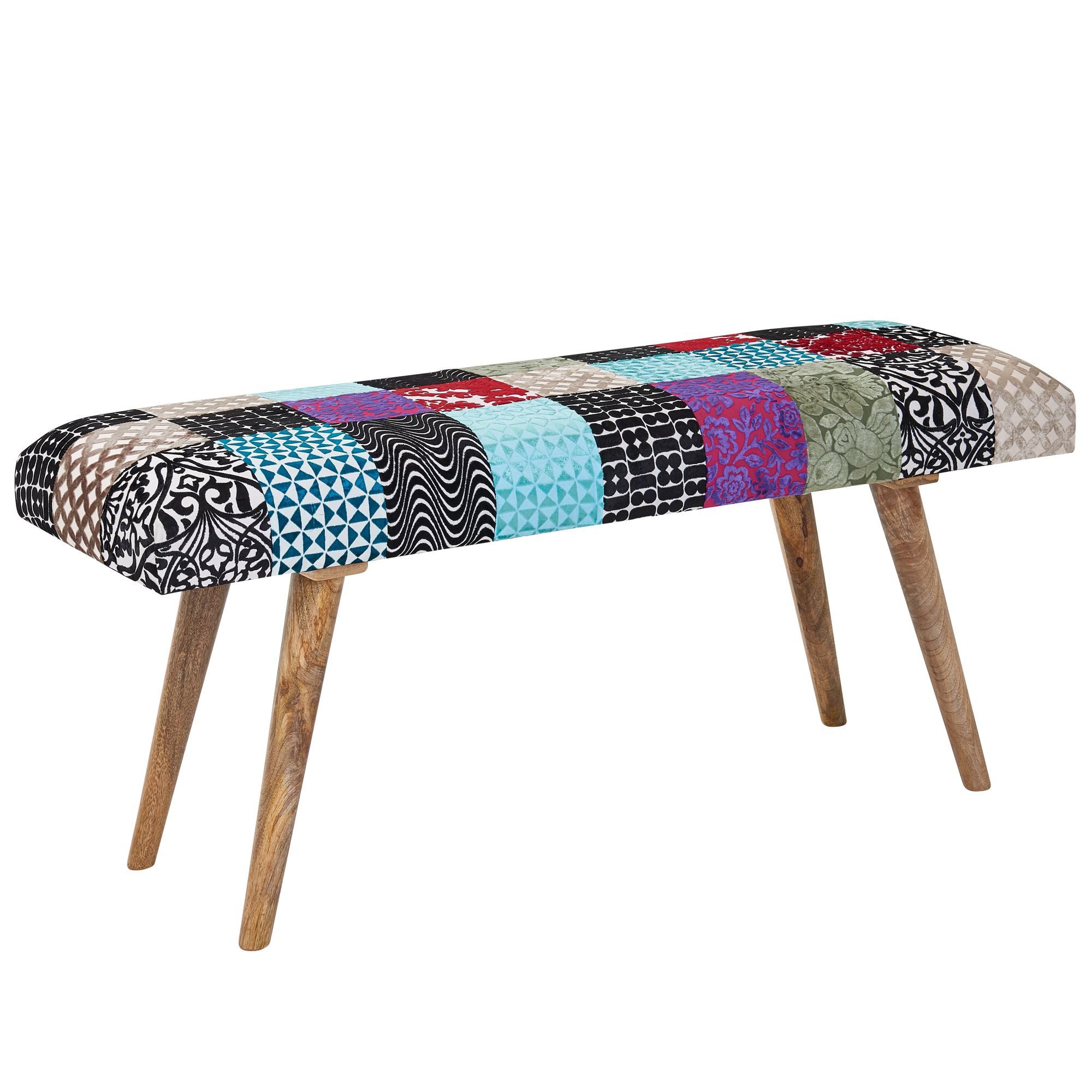 KADIMA DESIGN Sitzbank Sitzbank Samt / Massivholz Bank Bunt 117x51x38 cm Bettbank Patchwork, (Flurbank ohne Lehne), Design Polsterbank Flur Modern, Gepolsterte Stoffbank Esszimmer