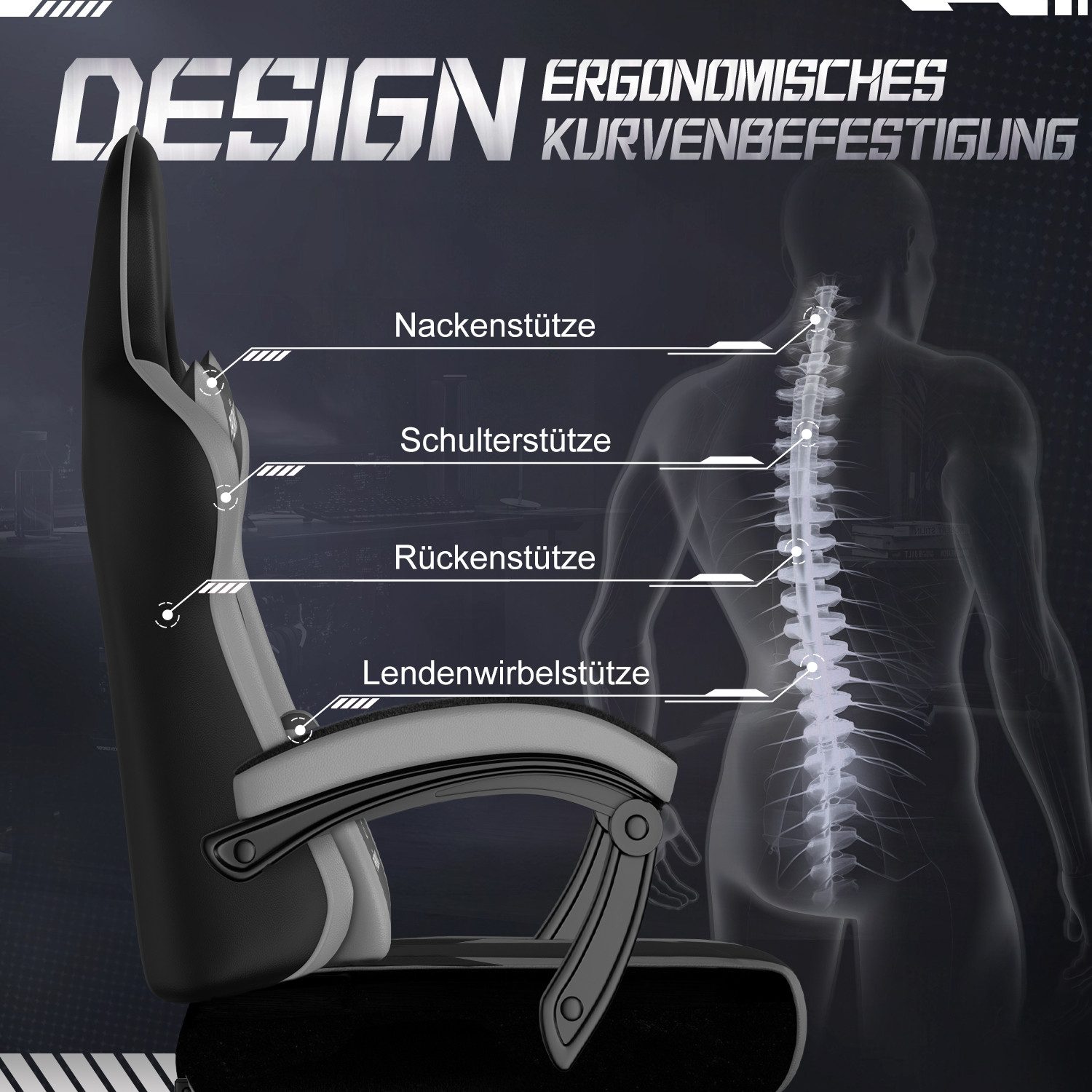 Adormii Gaming-Stuhl Gaming Stuhl ergonomisch Gaming Chair Bürostuhl verstellbare (Gaming Stuhl mit verstellbaren Lendenkissen, Armlehne und Kopfstütze, Gamer S – Bild 4 von 5