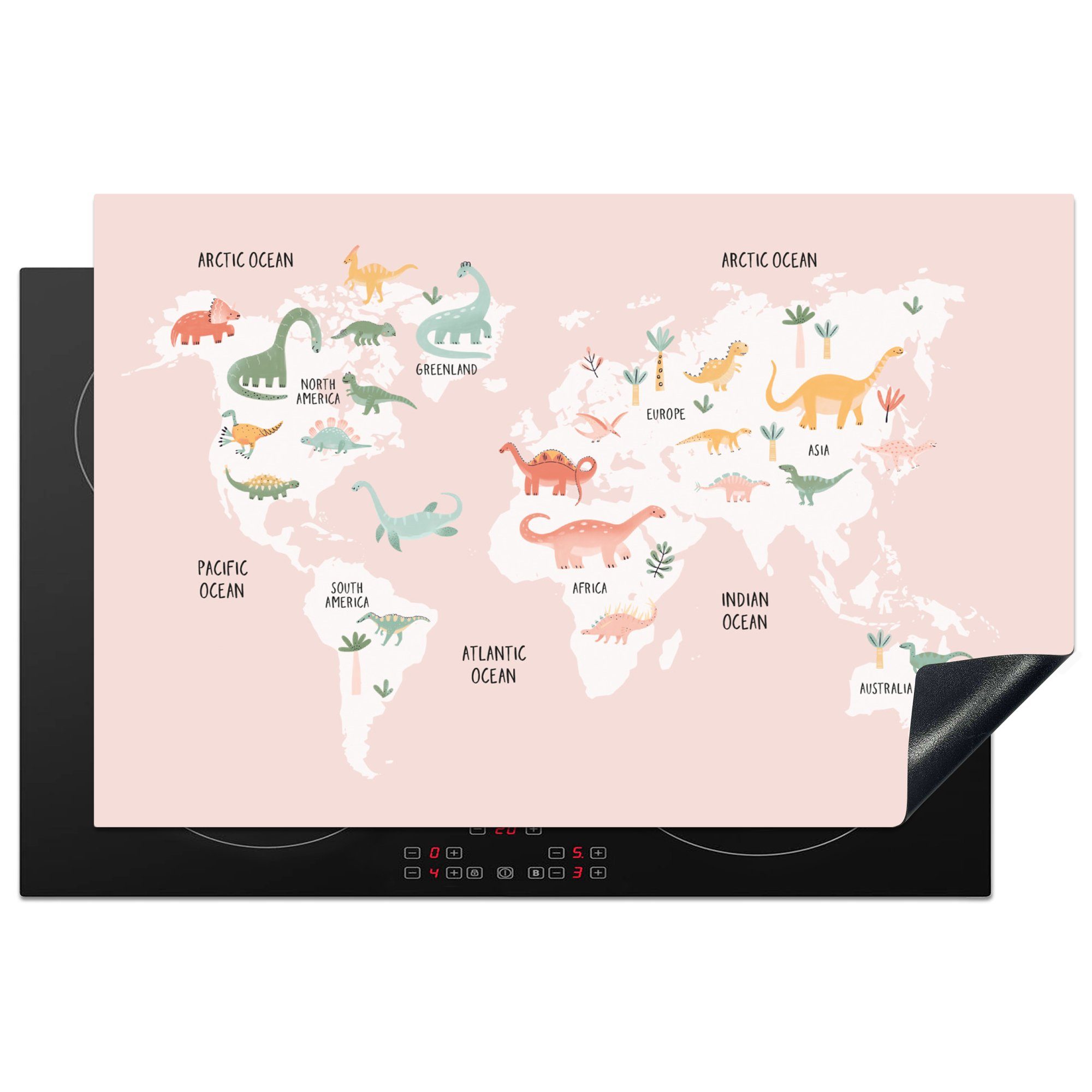 MuchoWow Herdblende-/Abdeckplatte Weltkarte - Kinder - Dinosaurier, Vinyl, (1 tlg), 81x52 cm, Induktionskochfeld Schutz für die küche, Ceranfeldabdeckung