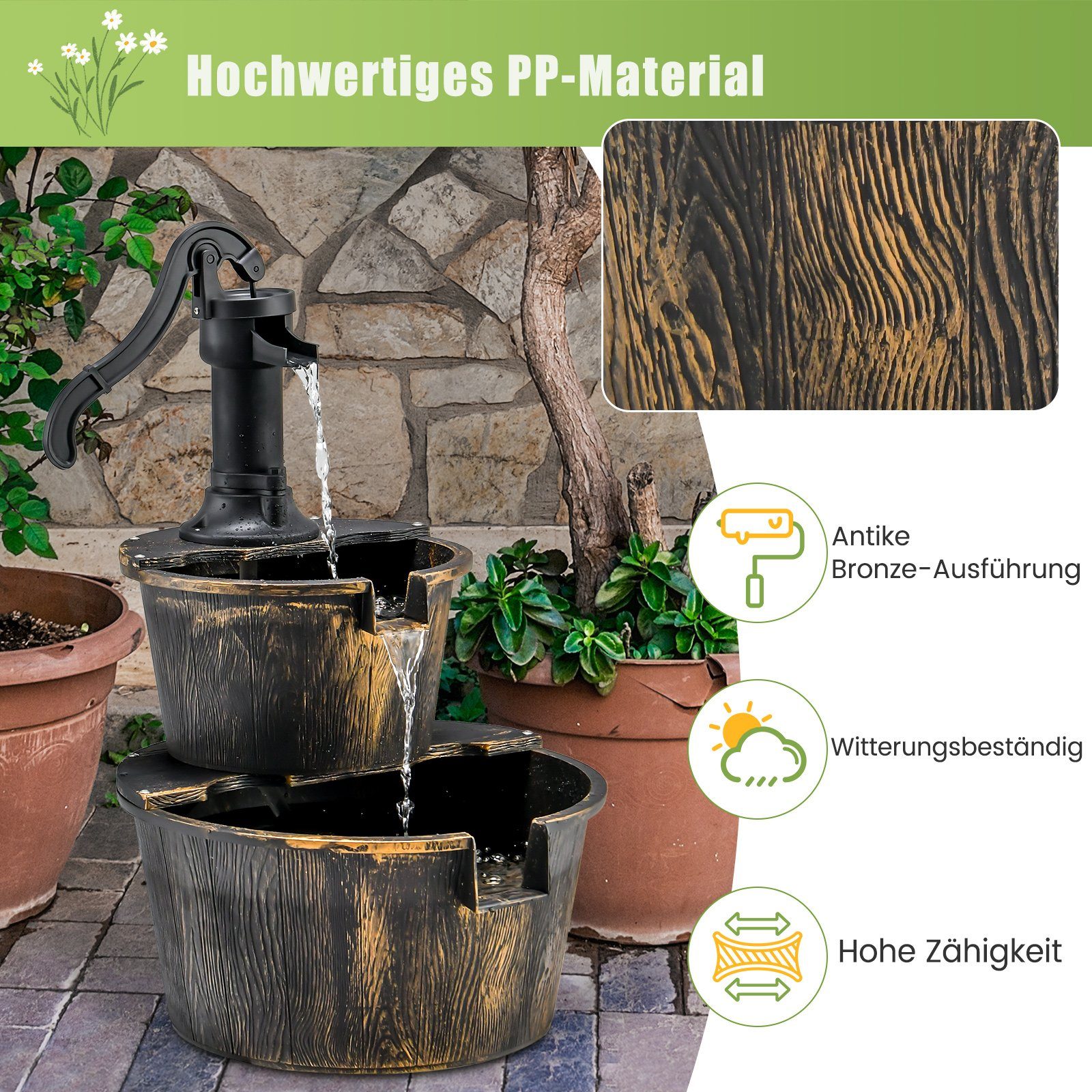 COSTWAY garden fountain, water basin WxL: 41.00x45.50 cm, with water pump