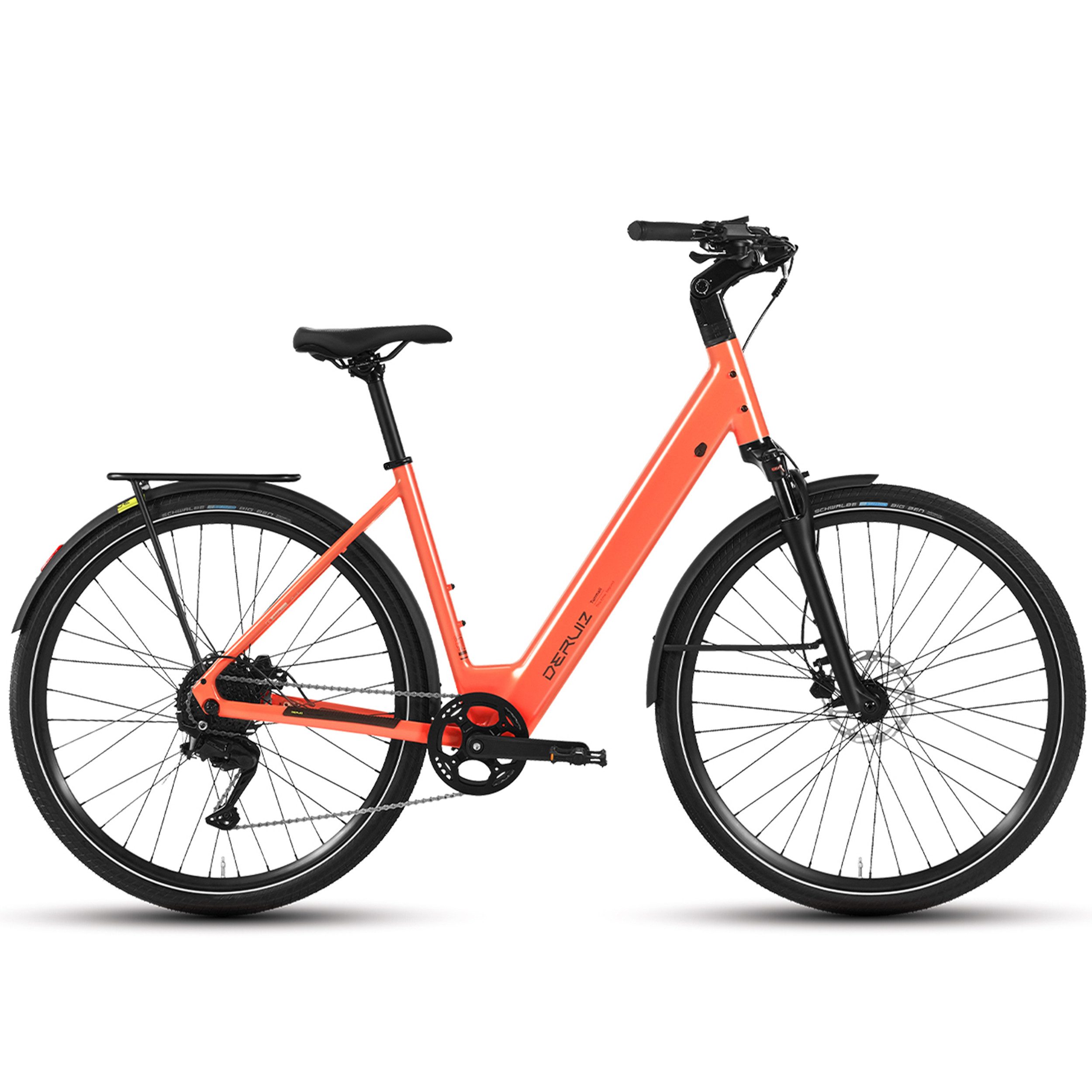 DERUIZ E-Bike Cityrad 28 Zoll, bis zu 110km, Bluetooth und APP, Routenaufzeichnung, nur 20kg, 9 Gang Shinamo, Kettenschaltung, Heckmotor, 360 Wh, (Traglast ca. 140kg, Tiefeinsteiger, Elektrofahrrad für Damen und Herren), Kadenz- und Drehmomentsensor, Lockout-Federgabel. Aluminiumrahmen