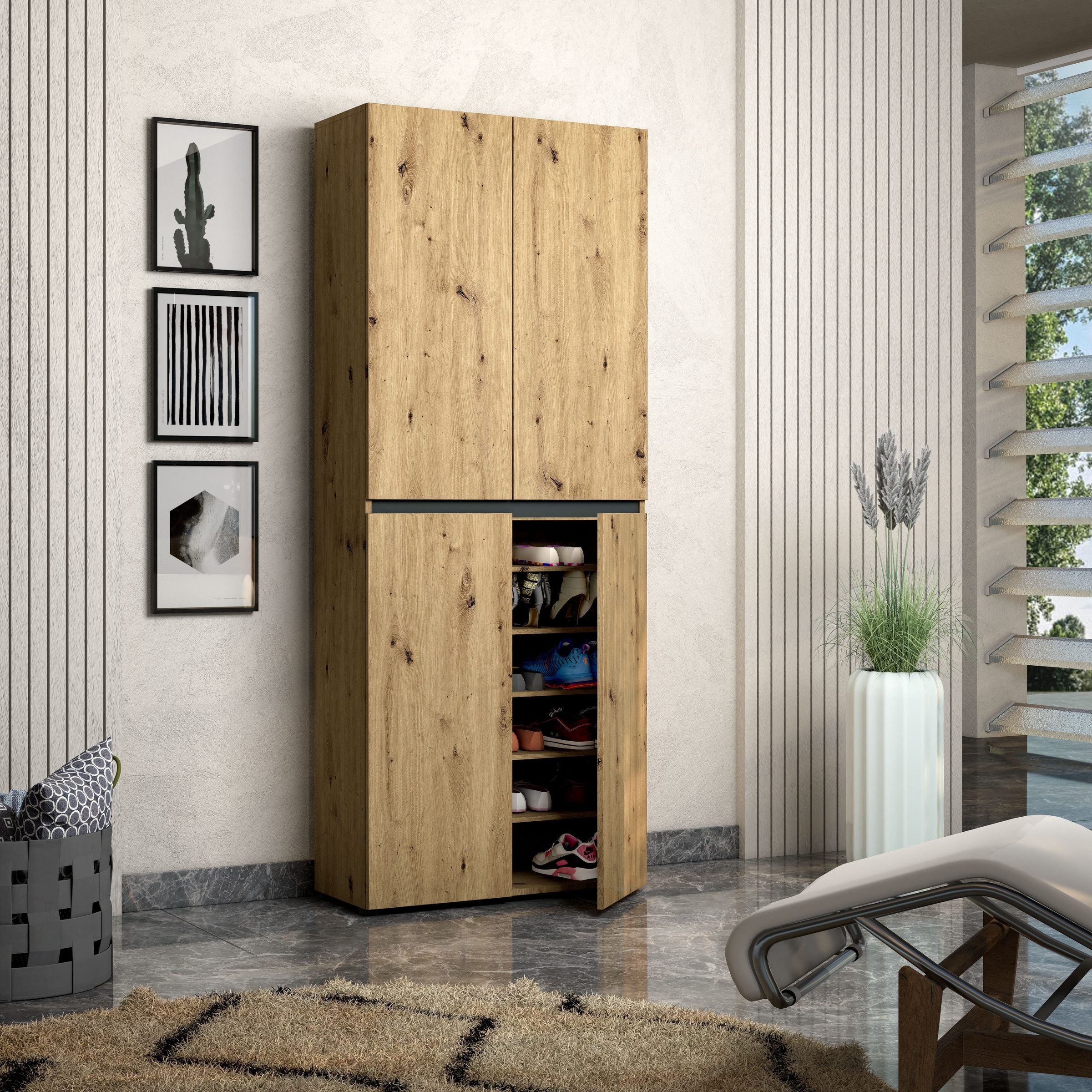KITALY Schuhschrank in Artisan Eiche - 80x200x34cm (BxHxT)