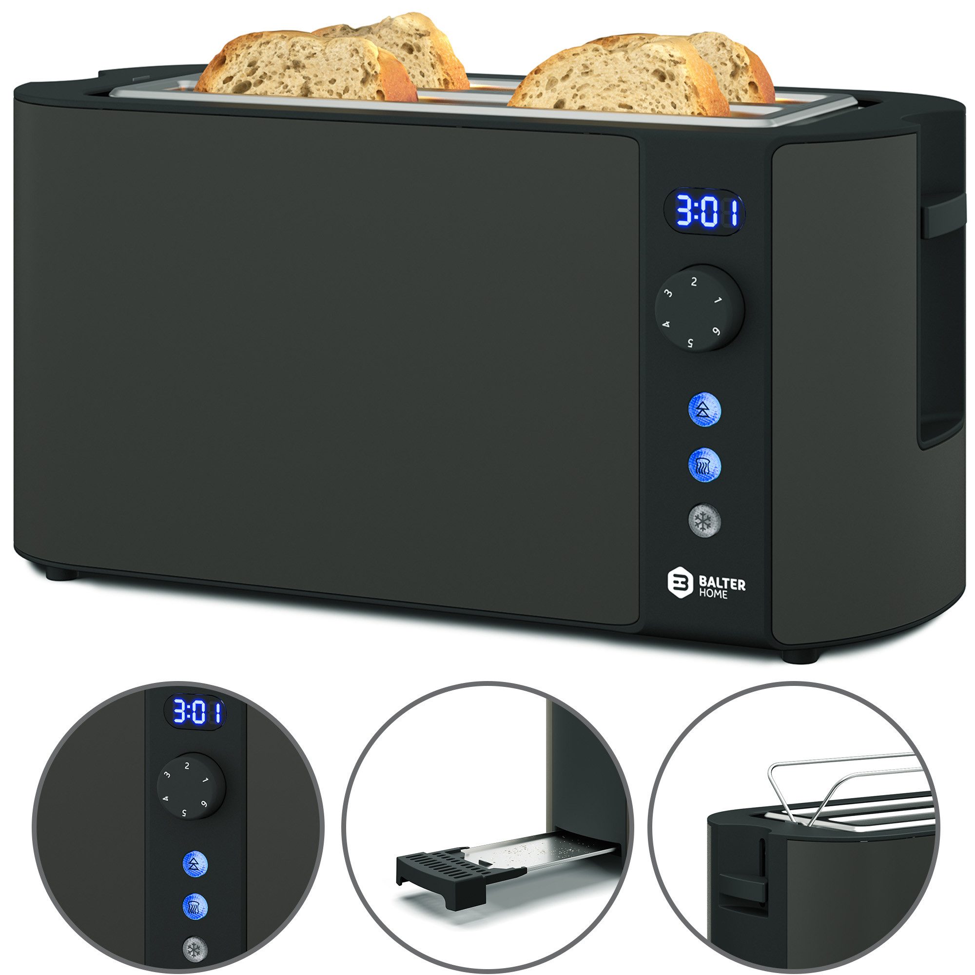 Balter Toaster Toaster TS-04-LCD Edehlstahl Grau, Langschlitz, für bis 4 Scheiben, 1500 W, LCD-Anzeige