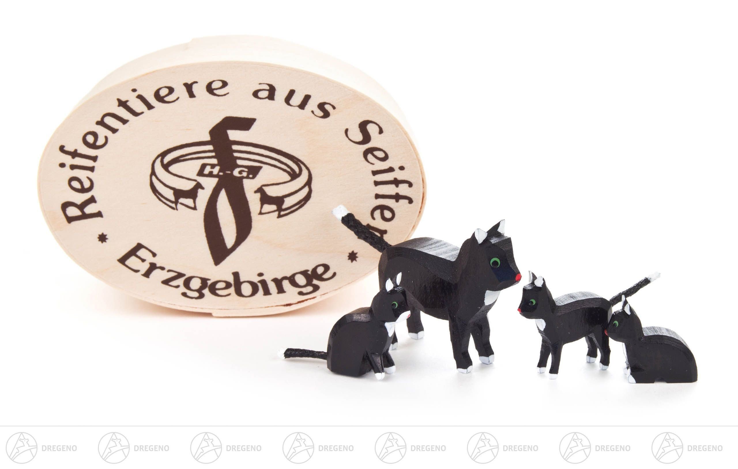 Dregeno Erzgebirge Räuchermännchen Reifentier Katzenfamilie groß in Spandose (4) Höhe ca 3,5 cm NEU