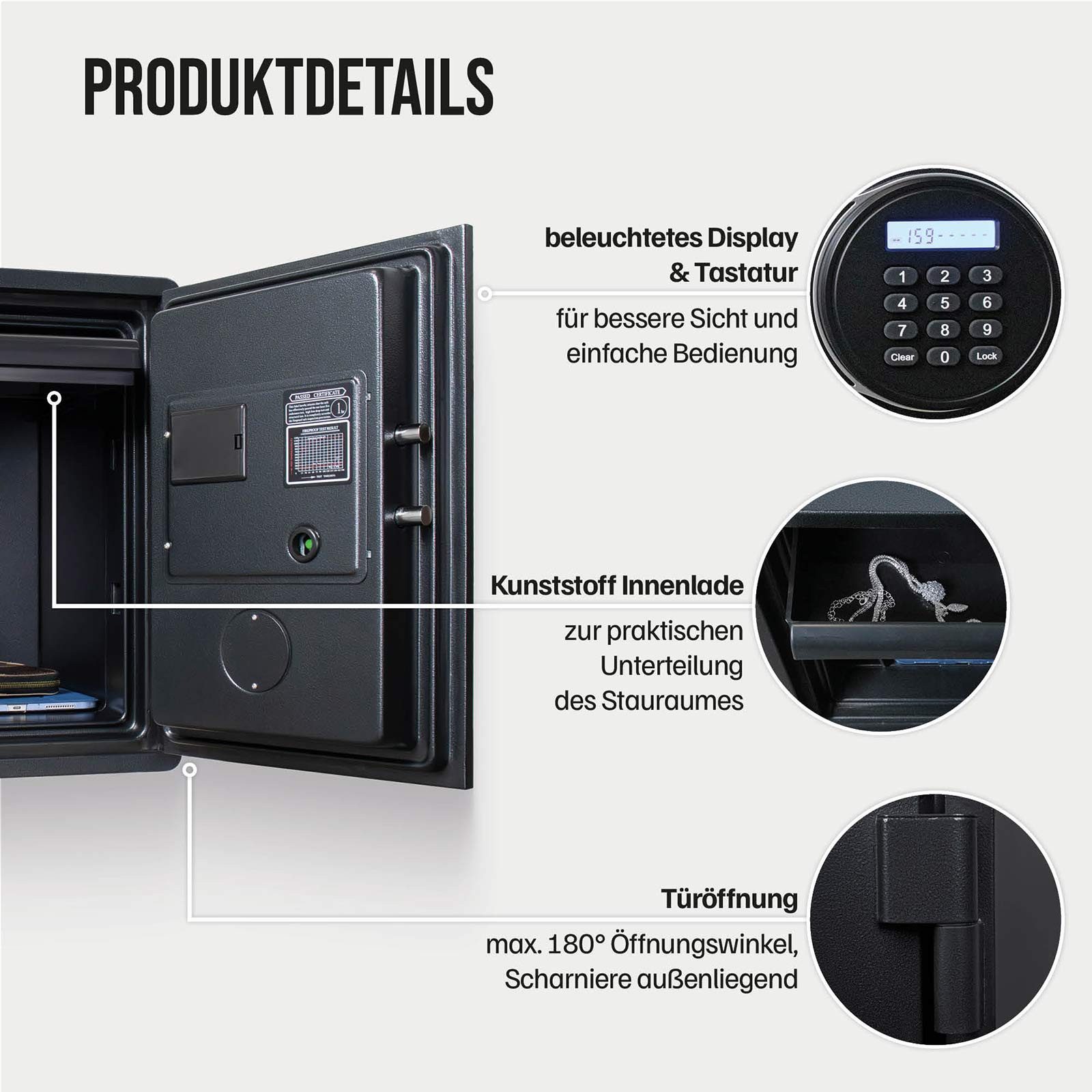 Profirst Feuerschutztresor FireGuard 40 Elektronikschloss mit Fingerprint (Notöffnung möglich, Kunststofflade, inkl. Befestigungsmaterial, 497x357x390 mm), 60 Minuten Feuerschutz für Dokumente nach UL Test