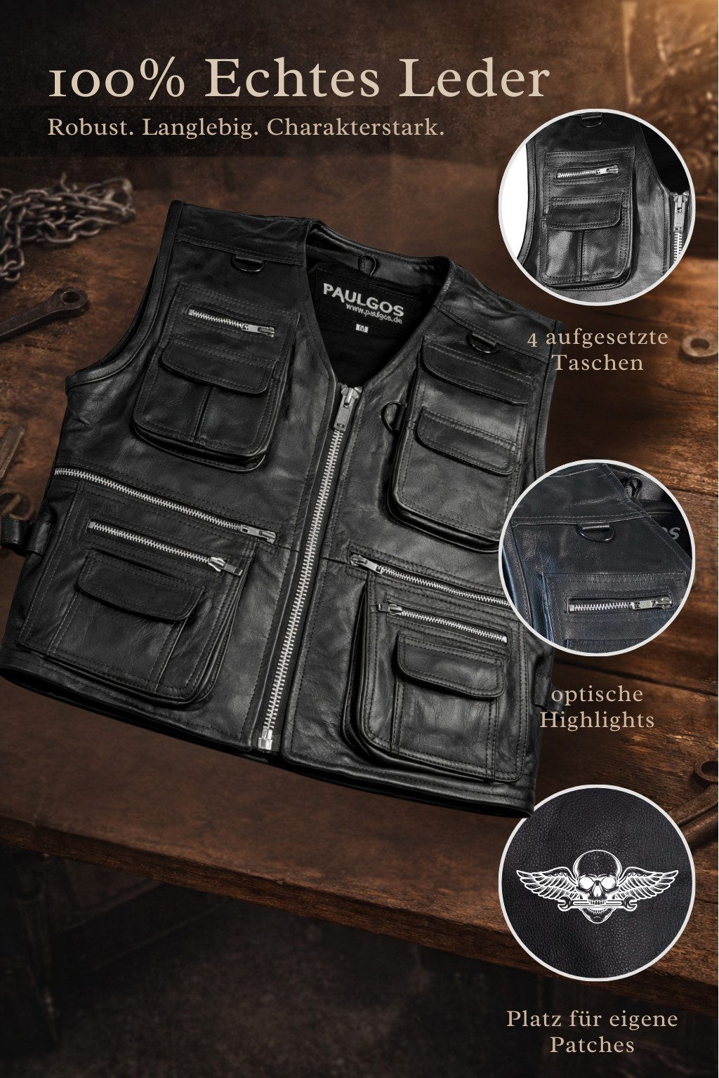 PAULGOS Motorradweste Lederweste Biker Kutte Clubweste Chopper Weste 100% Echtleder - BW11