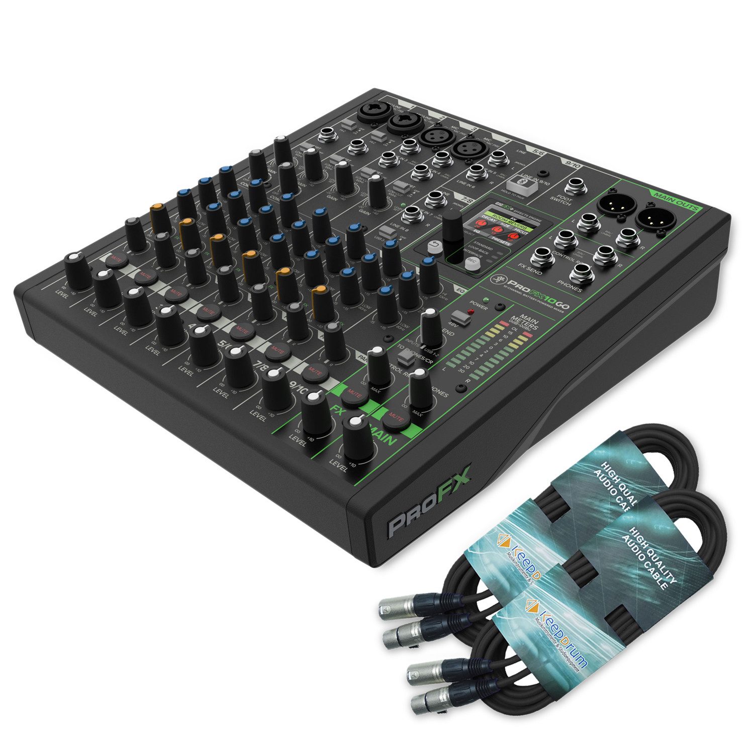MACKIE Mackie Mischpult ProFX10 GO akkubetriebener Mixer mit 2x XLR-Kabel Digitales Aufnahmegerät (Vorteils-Set mit 2x XLR-Kabel)