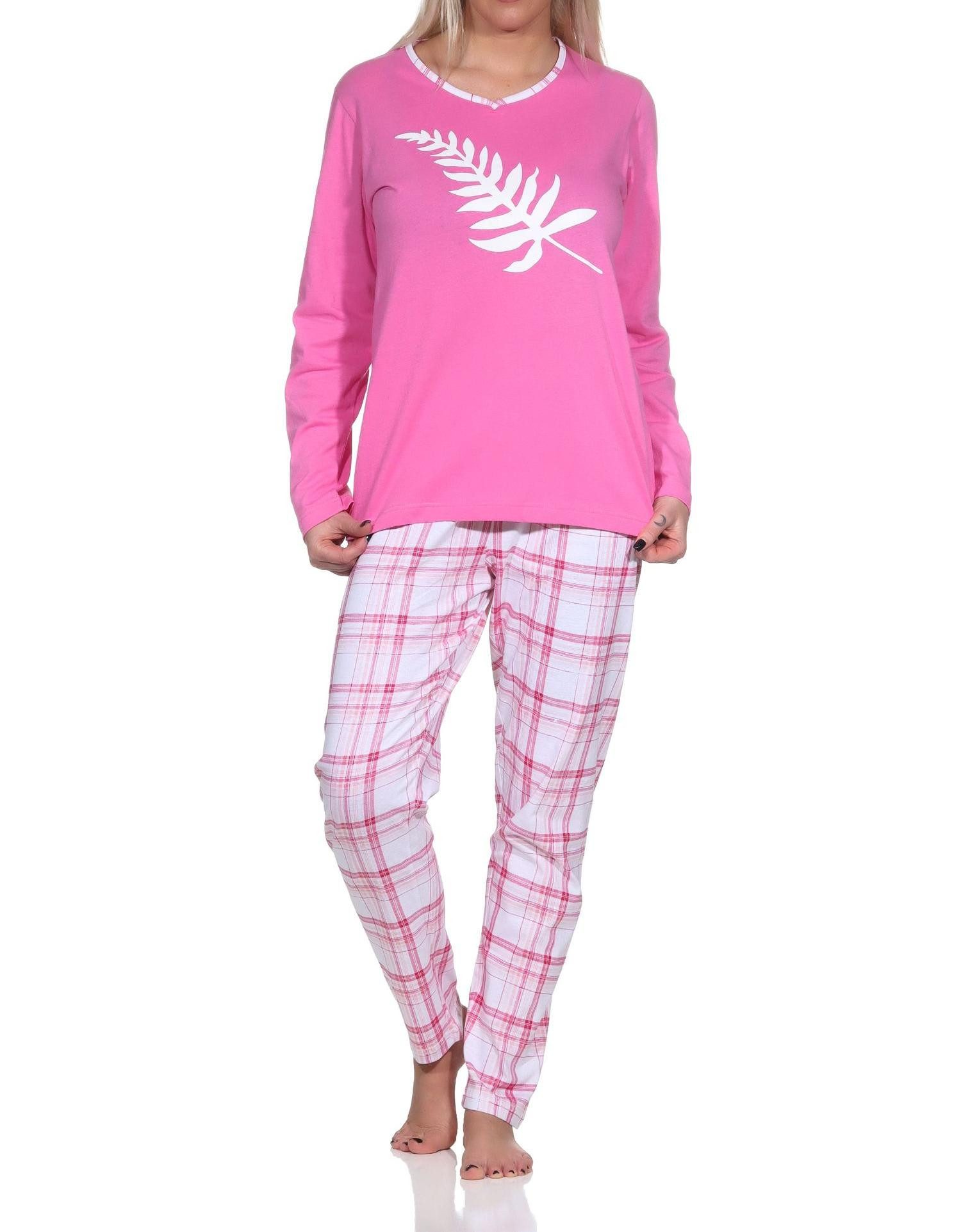 Normann Pyjama Damen Schlafanzug langarm in tollen Farben mit Karo-Muster