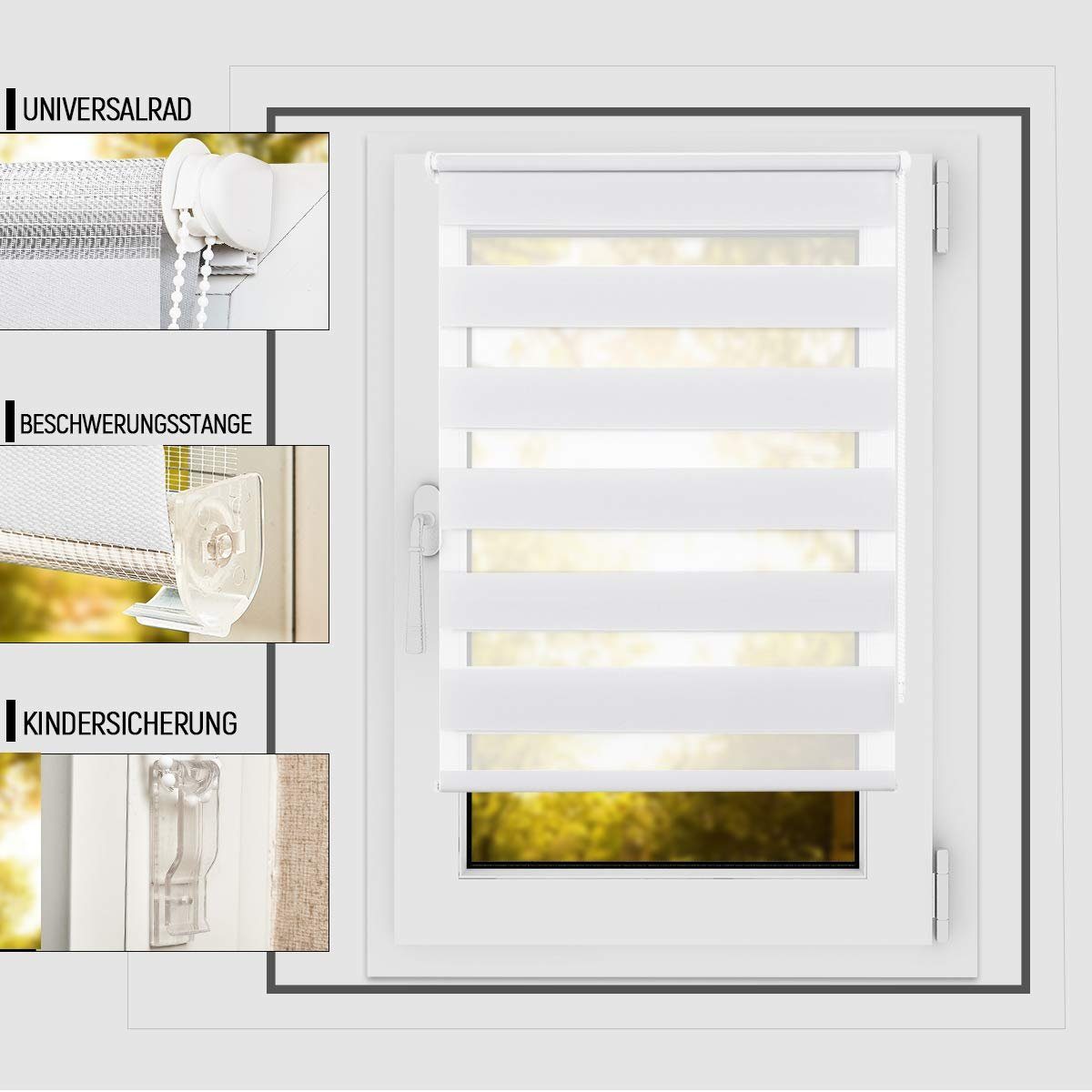 Doppelrollo Klemmfix ohne lichtdurchlässig Für Weiß Fensterrollo Blickdicht, Seitenzugrollo und mit Klämmträger Fenster verdunkelnd, Bohre, Tür verdunkelnd OUBO