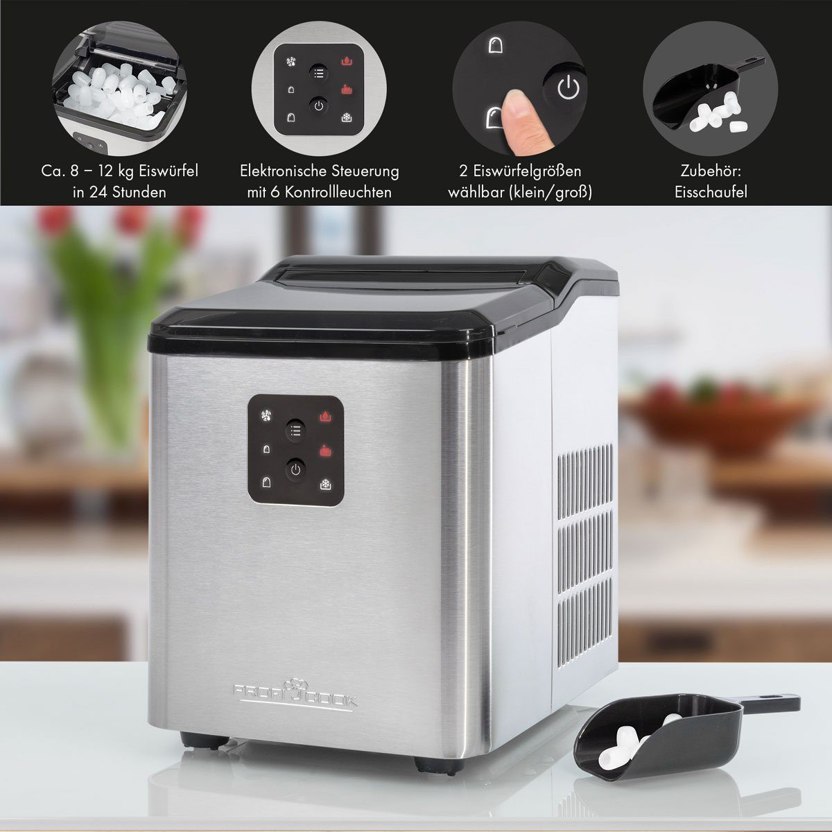 ProfiCook Elektrischer Eiswürfelbereiter PC-EWB 1253, Eiswürfelmaschine - erste Eiswürfel bereits nach 10 min.