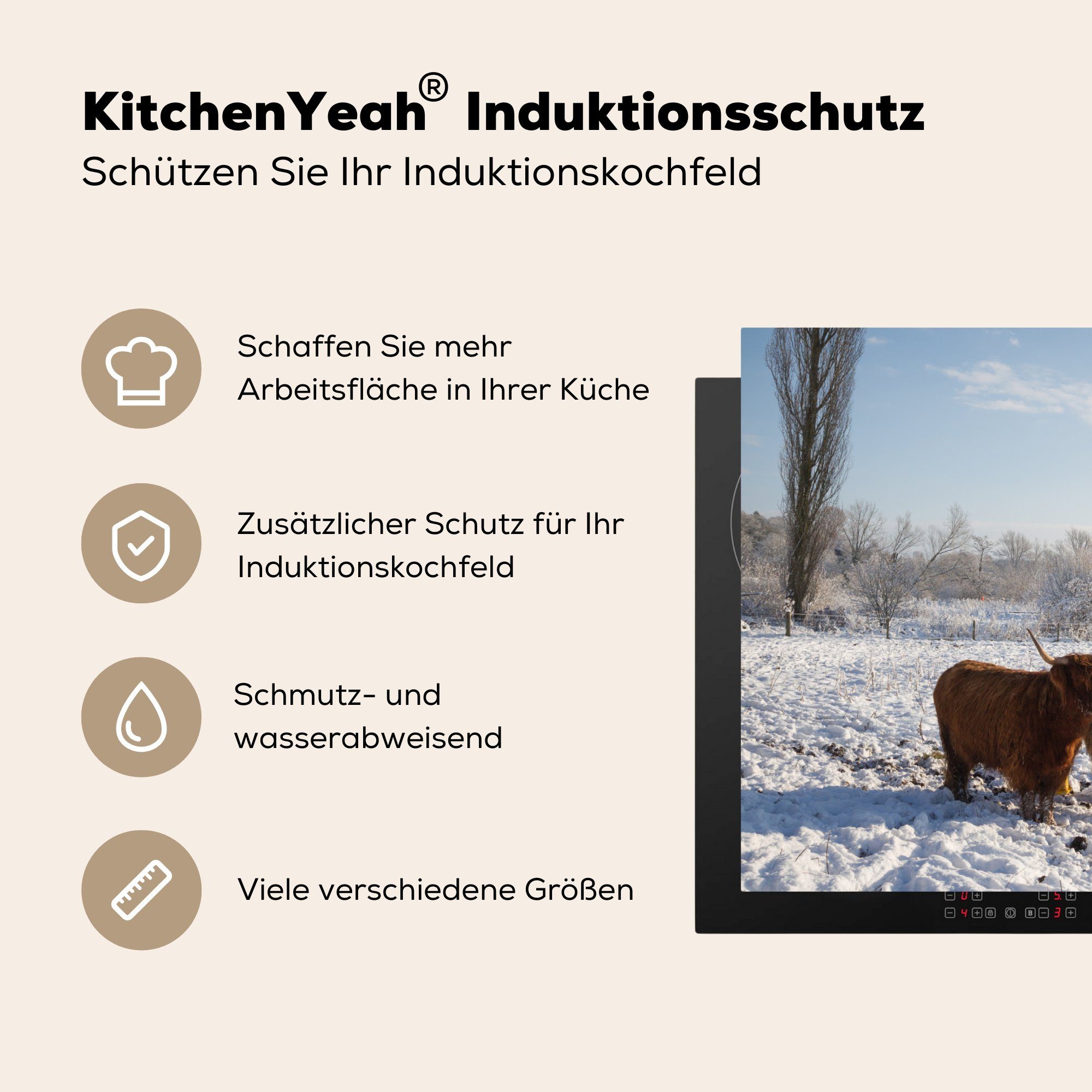 MuchoWow Herdblende-/Abdeckplatte Schottischer Hochländer Ceranfeldabdeckung Induktionskochfeld Vinyl, die - tlg), cm, Schutz Licht 71x52 für - küche, Schnee, (1