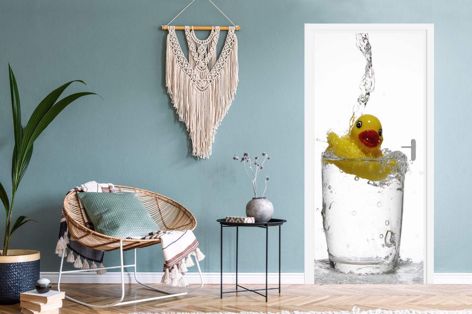 für St), in MuchoWow bedruckt, Türtapete Tür, Fototapete einem Wasser, (1 Badeente Glas Matt, cm 75x205 Türaufkleber,