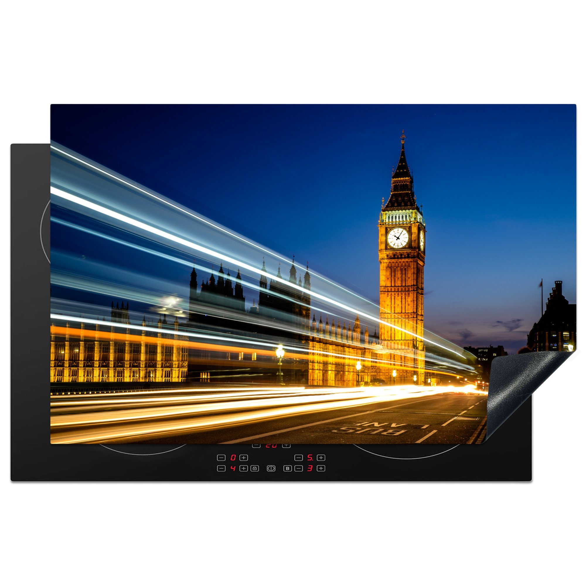 MuchoWow Herdblende-/Abdeckplatte Big Ben mit einem Lichtstrahl in London, Vinyl, (1 tlg), 81x52 cm, Induktionskochfeld Schutz für die küche, Ceranfeldabdeckung