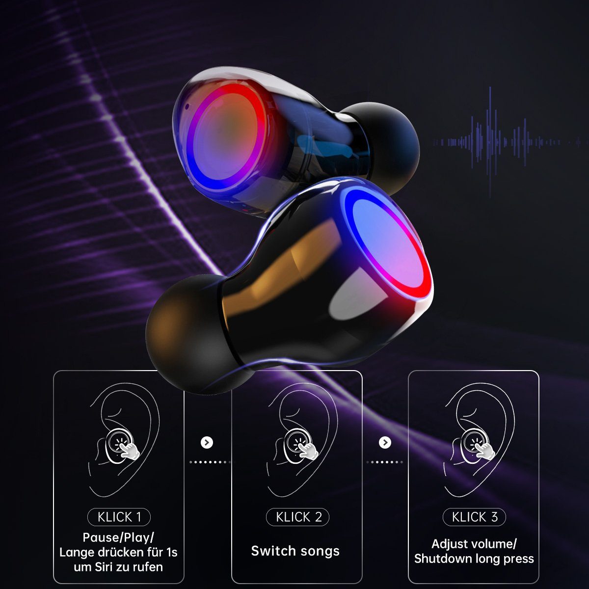 Greensky In-Ear-Kopfhörer True Assistent, LED (Siri, Noise-Cancelling, Wireless Schwarz Google mit M12, Anzeige) Freisprechfunktion, Bluetooth-Kopfhörer