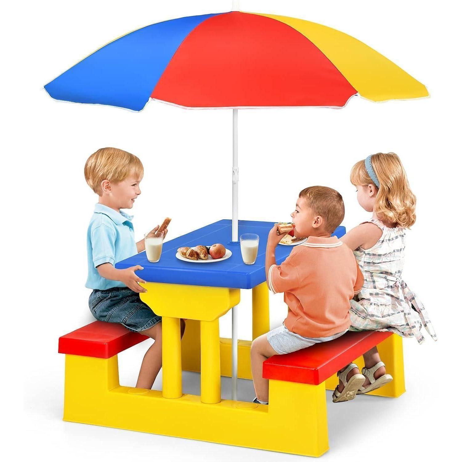 LuxusKollektion Garten-Kindersitzgruppe Picknicktisch mit Sonnenschirm Kinder Rot-Blau-Gelb