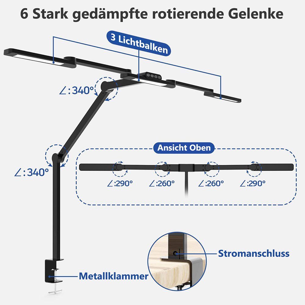 LED 5000K, Architekten Tischleuchte Schreibtisch Farbtemperaturen, cm, Heim, 24W, Rosnek 6500K, 5 Klemme, transformierbar, Büro 105 mit L-förmiger 4000K, 3000K, ultrahell, 3500K, für