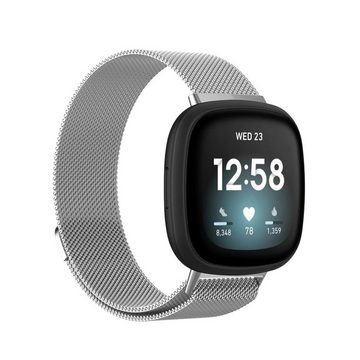 Wigento Smartwatch-Armband Für Fitbit Versa 4 + 3 / Sense 1+ 2 Magnet Metall Watch Uhr Ersatz Armband Silber