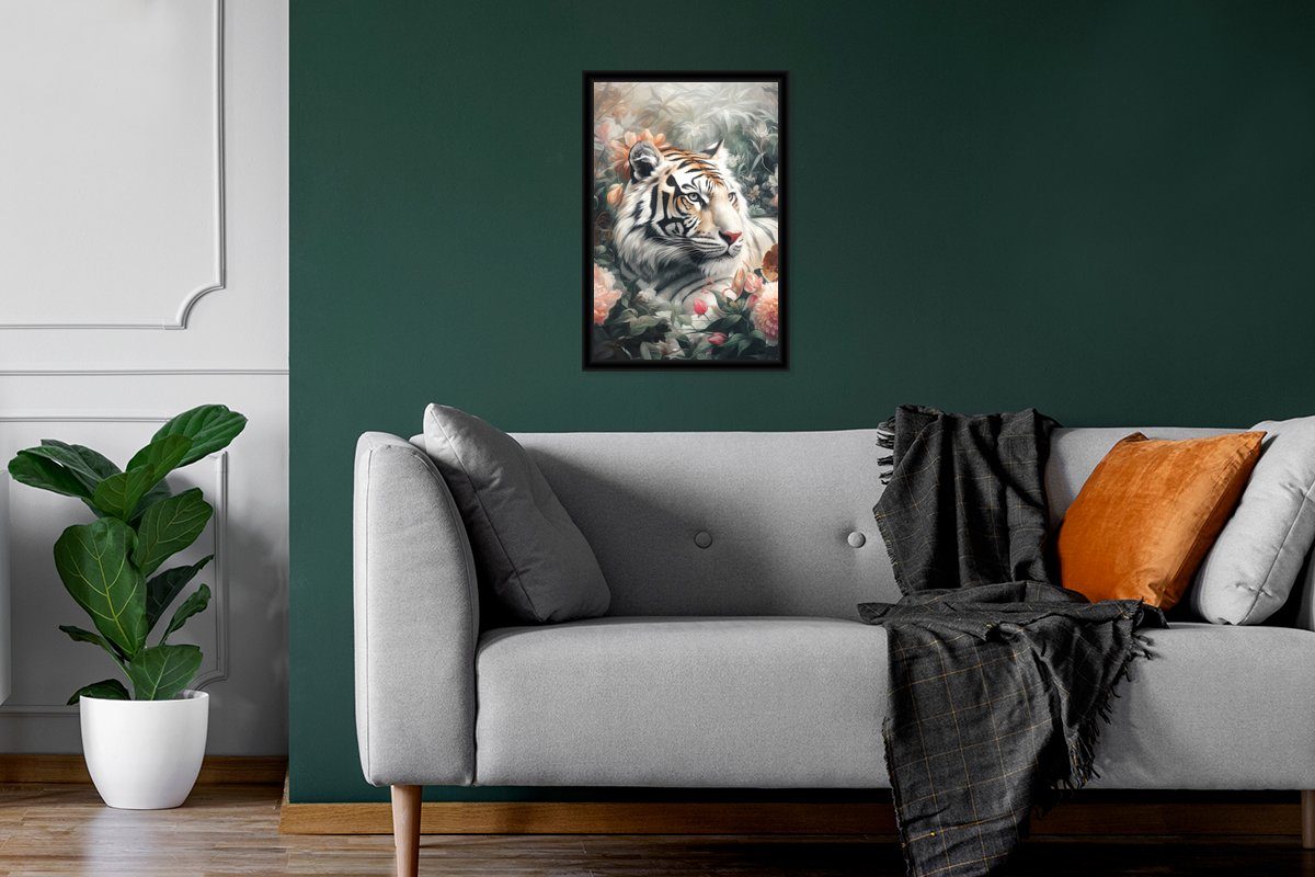 MuchoWow Tiger St), (1 Blumen Dschungel, Gerahmtes - Wandposter, Poster Bilder, Wanddeko, Wildtiere - Bilderrahmen Poster, Schwarzem -
