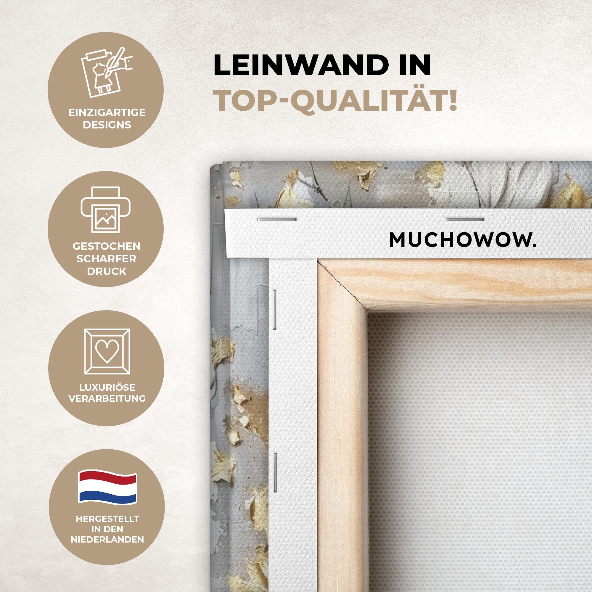 MuchoWow Leinwandbild Baum - Weiß - Gold - Lackoptik, Fotodruck (3 St), Wand Bilder 3 Set, Deko Schlafzimmer Wohnzimmer Flur 60x40 cm – Bild 3 von 5
