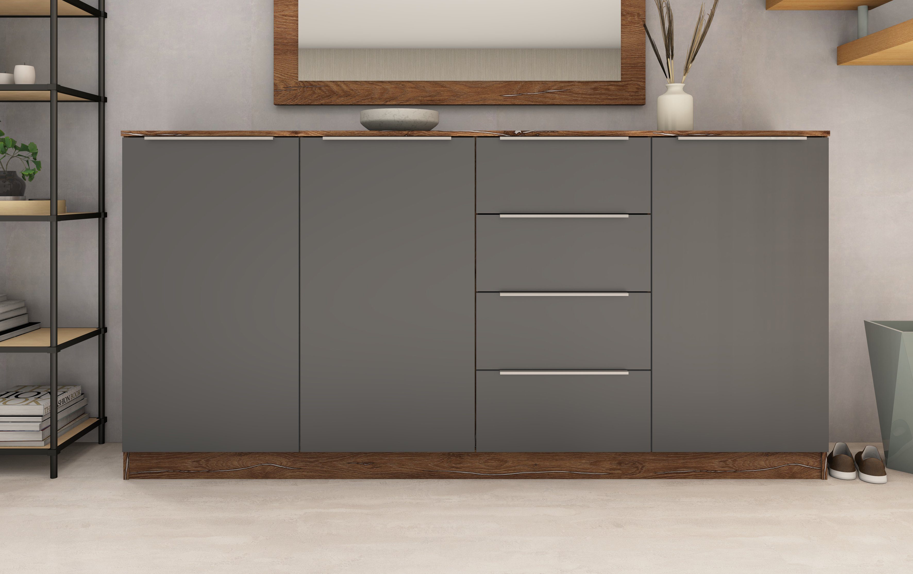 borchardt Möbel Highboard Oliva, Breite 200cm, moderne Kommode mit glänzenden Metallgriffen, viel Stauraum, Türen und Schubladen, Einlegeböden verstellbar