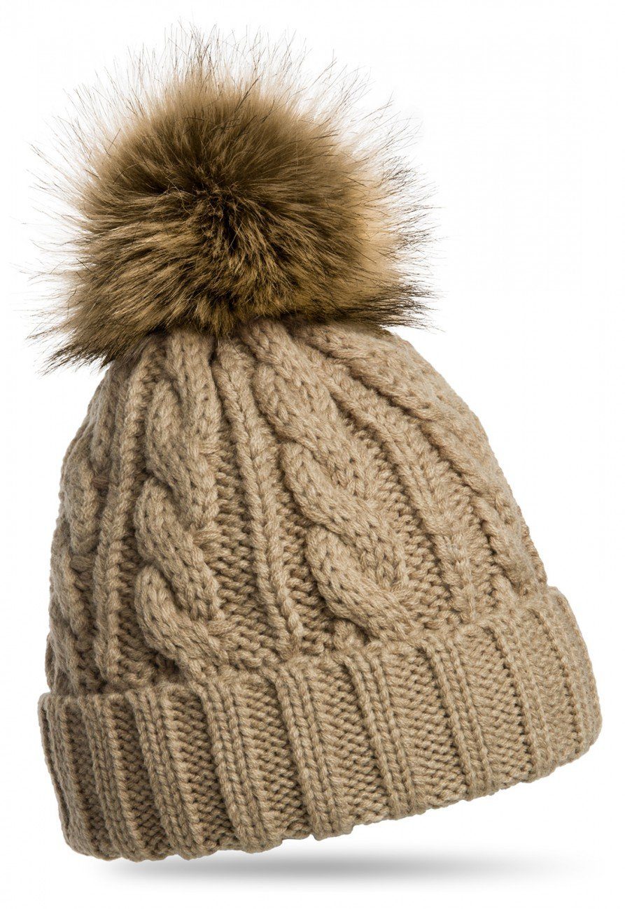 Caspar Bommelmütze MU104 Damen camel Winter Strickmütze mit Fellbommel