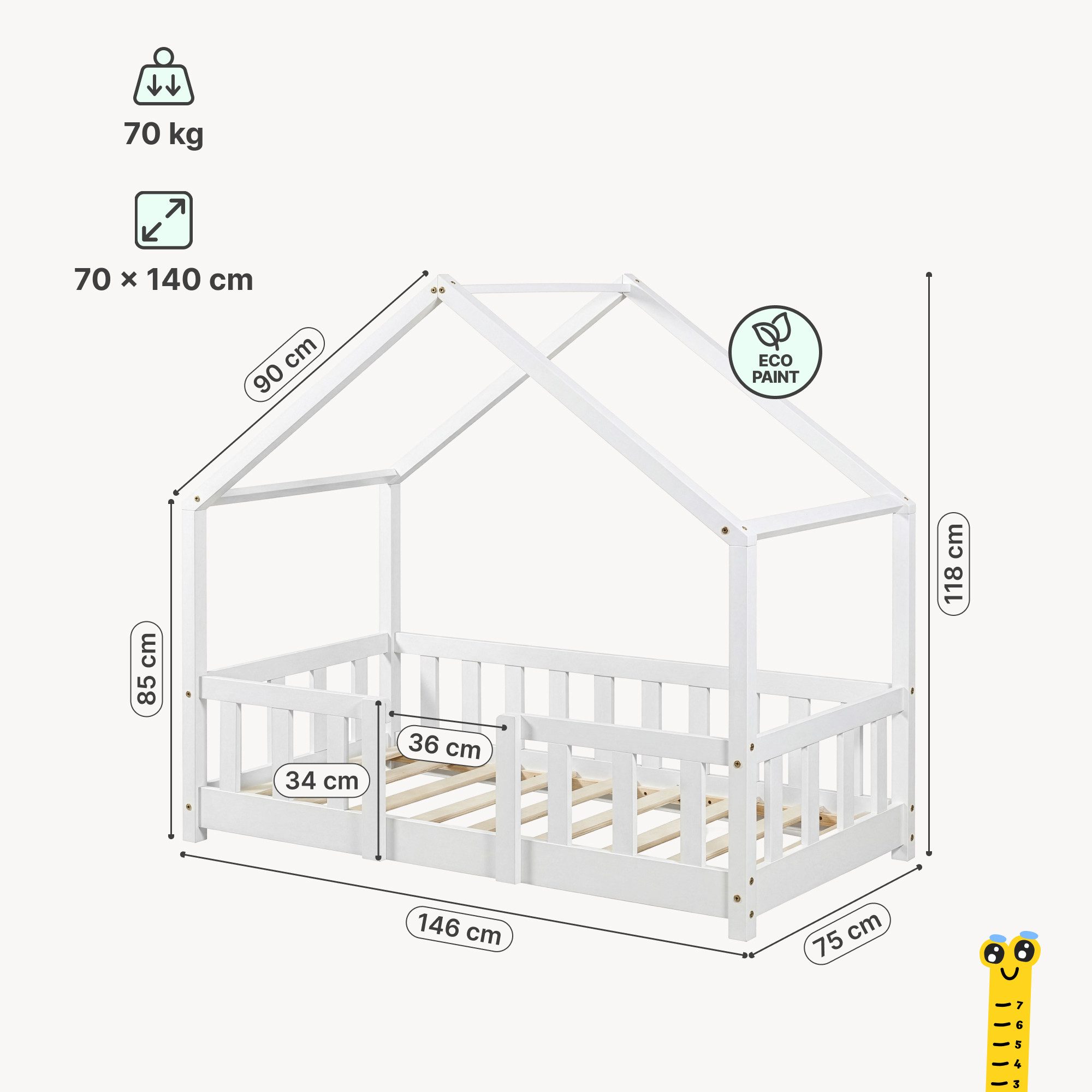 en.casa Kinderbett, »Treviolo« Haus-Optik Montessori 70x140 cm Weiß