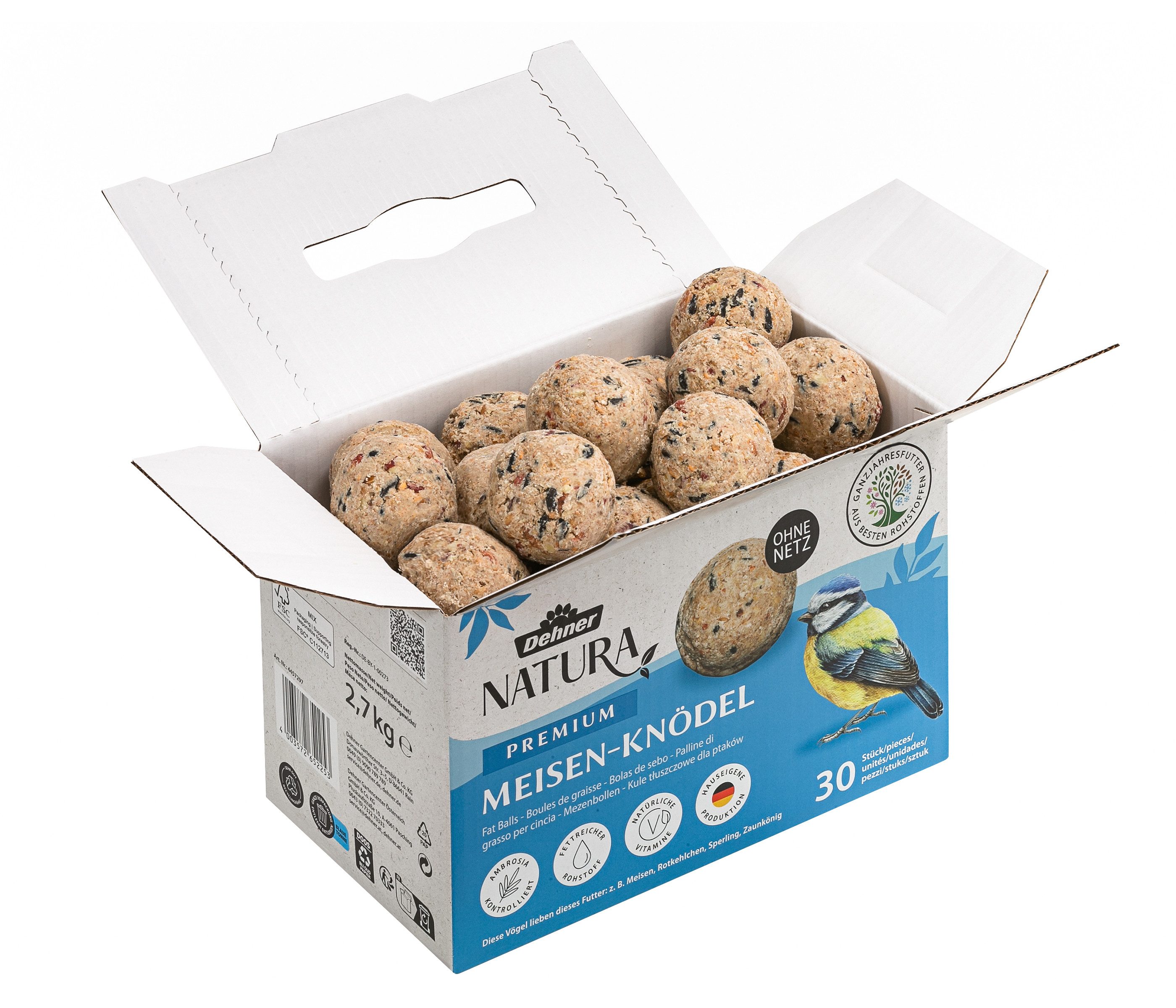 Dehner Natura Große Meisenknödel, ohne Netz, 30 Stück je 90 Gramm (2.7 kg), Hauptfutter für: Wildvogel, Gartenvögel, im Karton, hochwertiges Wildvogelfutter zur ganzjährigen Fütterung