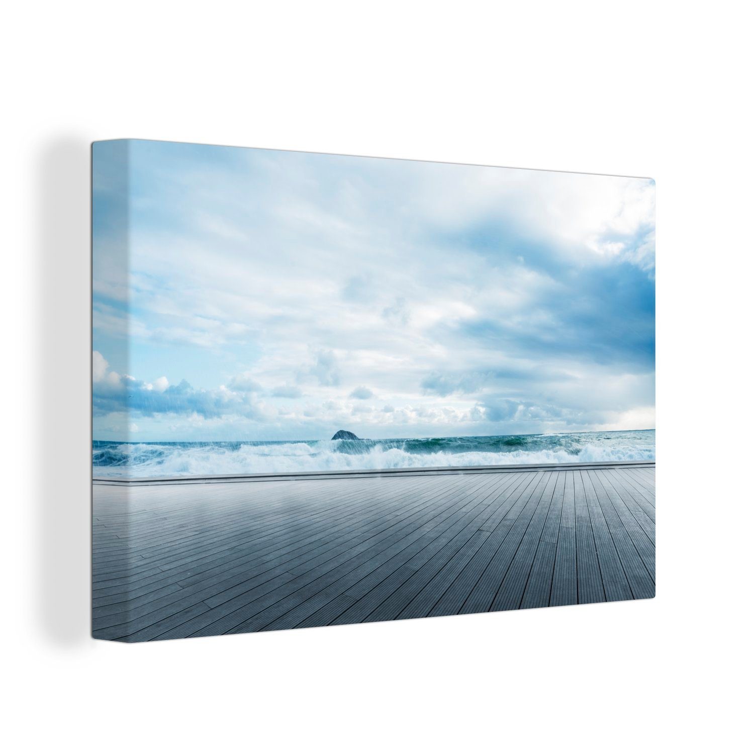 OneMillionCanvasses® Leinwandbild Holzterrasse mit Meerblick, (1 St), Wandbild Leinwandbilder, Aufhängefertig, Wanddeko, 30x20 cm
