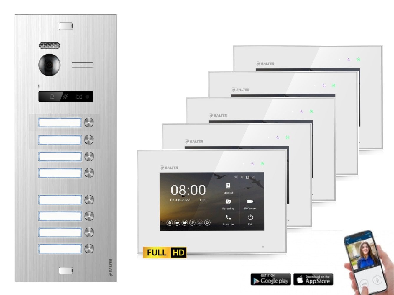 Balter Video-Türsprechanlage BALTER HD WLAN Türsprechanlage EVO 8-Familienhaus Silber Weiß (Set, 8-Familienhaus, Komplettset, Full HD 175° Kamera, App-Steuerung)