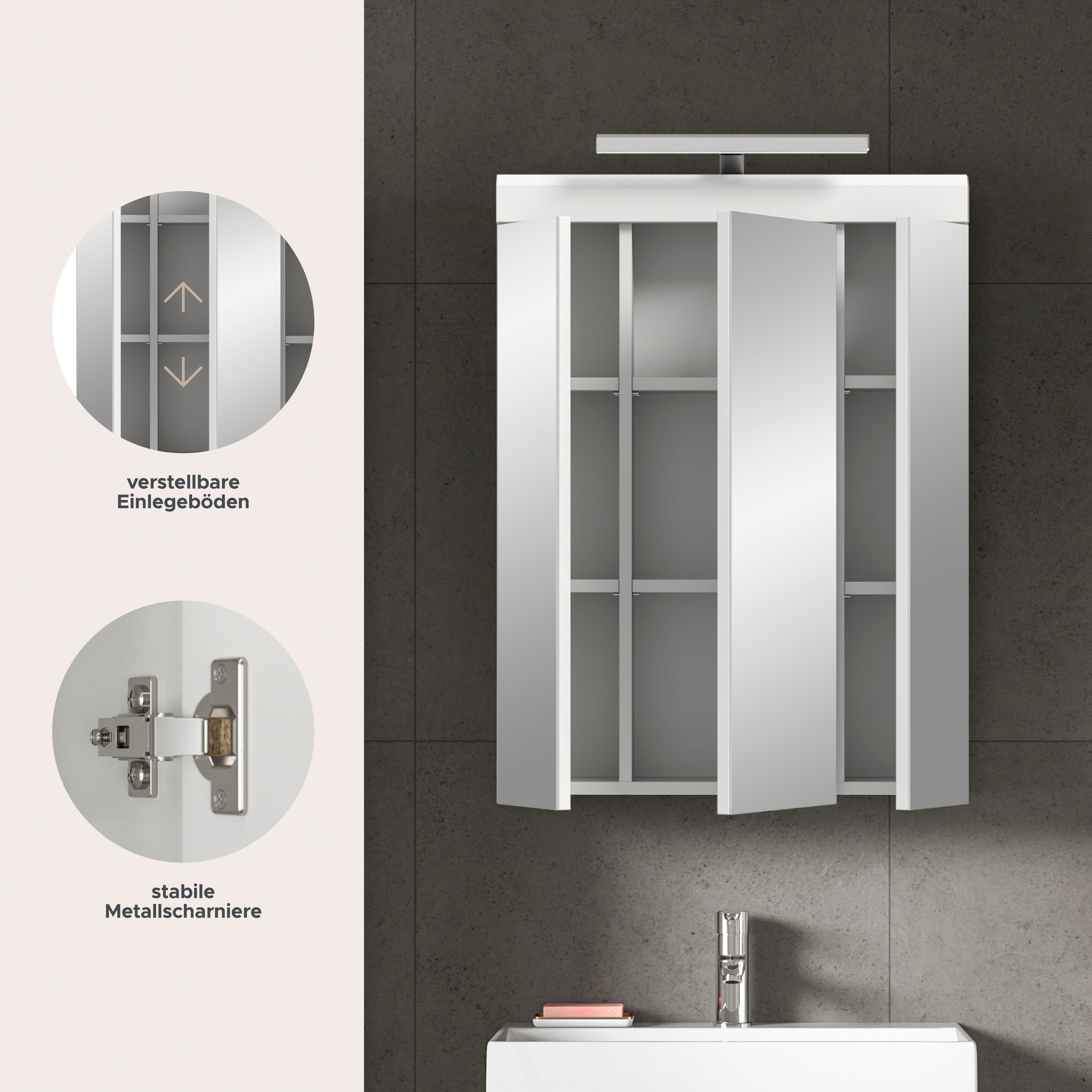 welltime Badezimmerspiegelschrank SIENA, Breite 60cm, inkl. Beleuchtung, 3 Spiegeltüren, 9 Fächer (Set, TOPSELLER) in verschiedenen Farben erhältlich, Badmöbel, Badschrank, Schrank, Bad