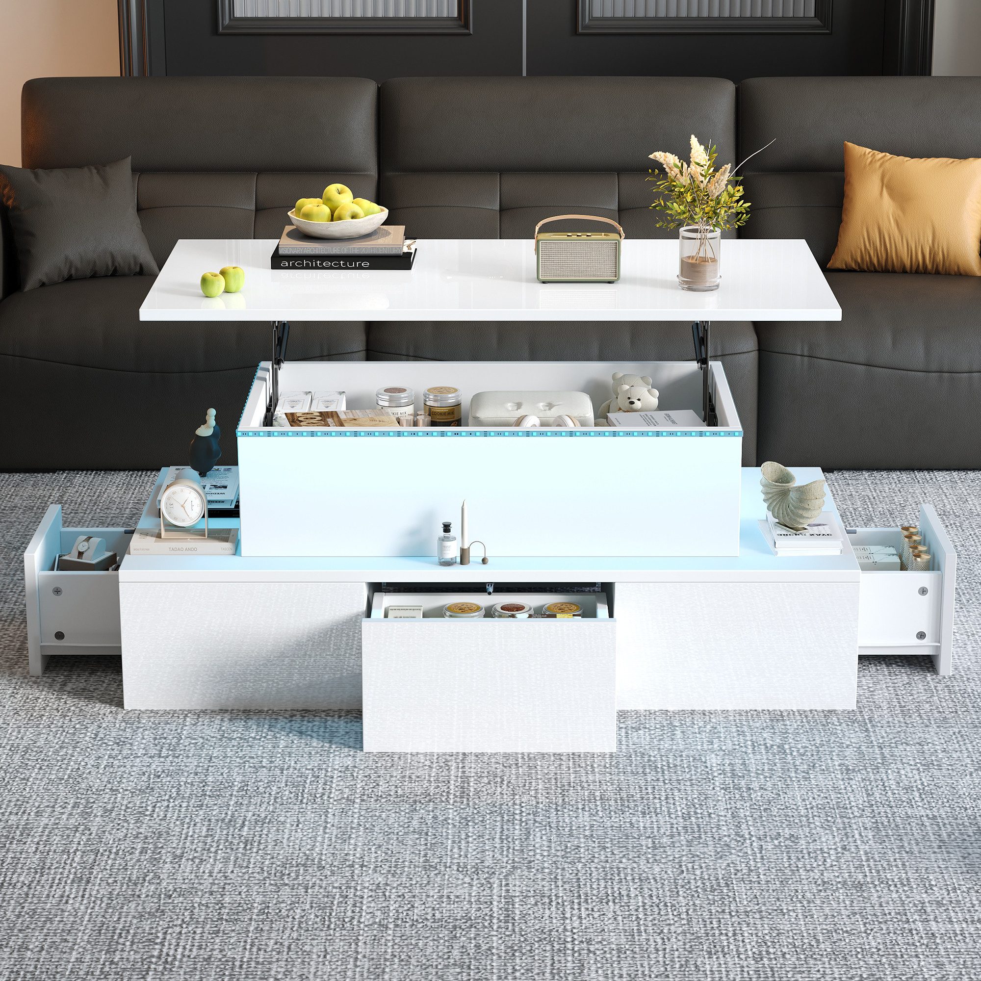 Merax Couchtisch Sofatisch mit LED-Beleuchtung, USB-Anschluss & Hochglanz-Oberfläche (Beistelltisch, 1-St., 100 x 50 x 40 cm), Wohnzimmertisch mit 4 Schubladen, verstecktem Stauraum & Liftfunktion